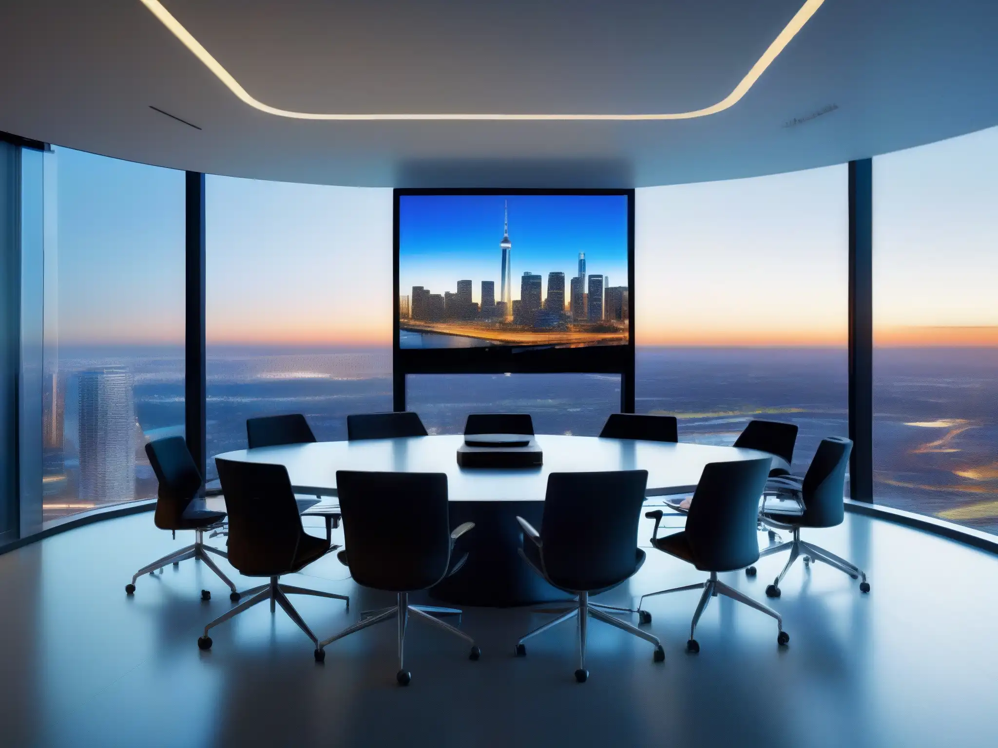 Oficina Futurista con Integración de StarLeaf: Reunión Virtual Profesional Imagen de sala de conferencias futurista con integración StarLeaf CRM videoconferencia, profesional y sofisticada, con vista a la ciudad