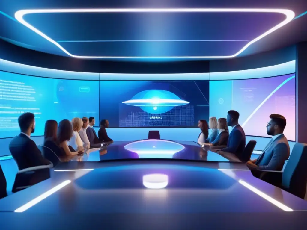 Sala de conferencias virtuales futurista con seguridad AI Imagen de una sala de conferencias virtual futurista con tecnología de IA y ciberseguridad, garantizando privacidad en videoconferencias
