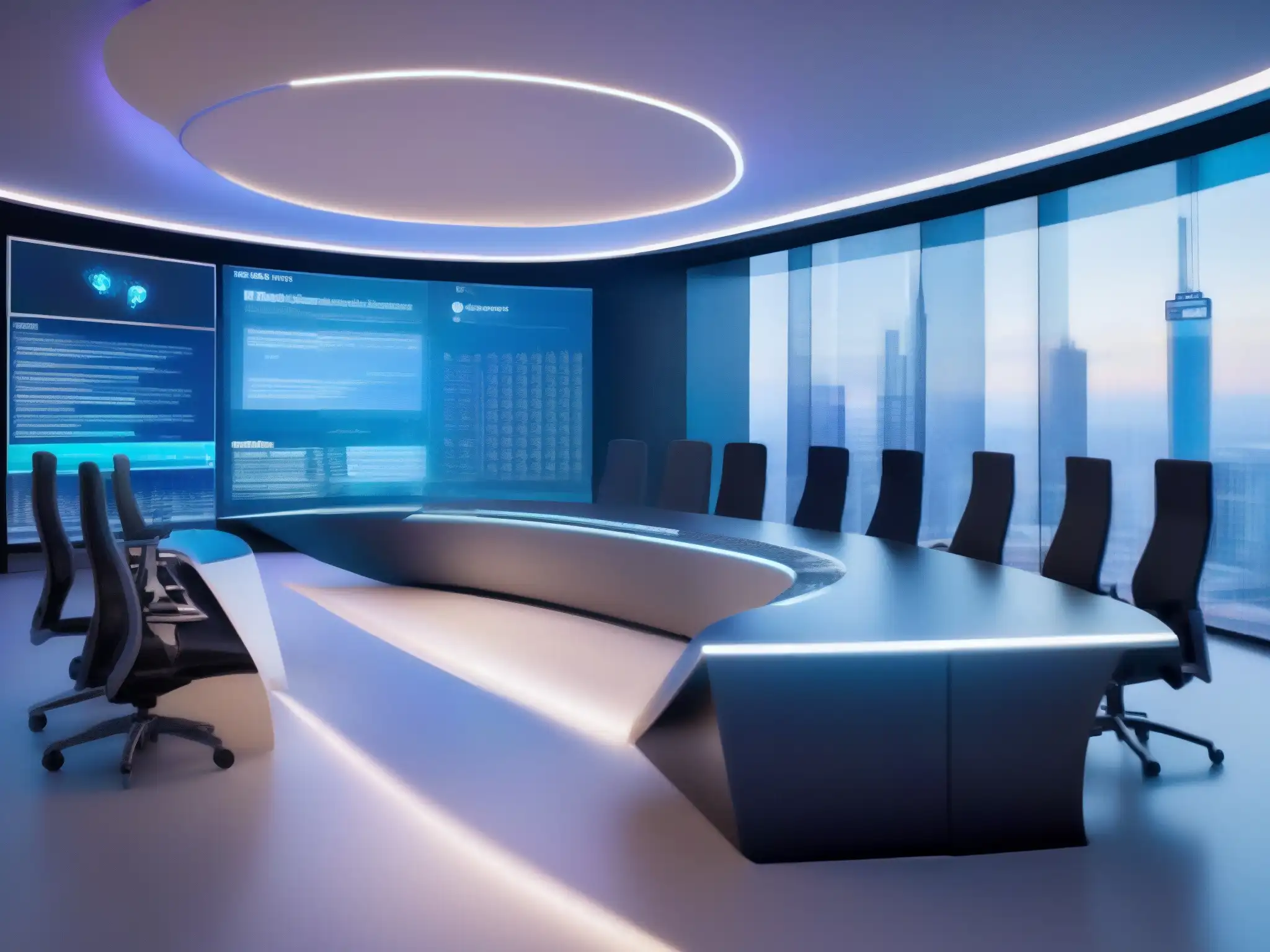 Sala de videoconferencias futurista con IA avanzada y seguridad de vanguardia Imagen de sala futurista para videoconferencias con avanzadas mejoras de seguridad y protocolos, con profesionales en conferencia segura