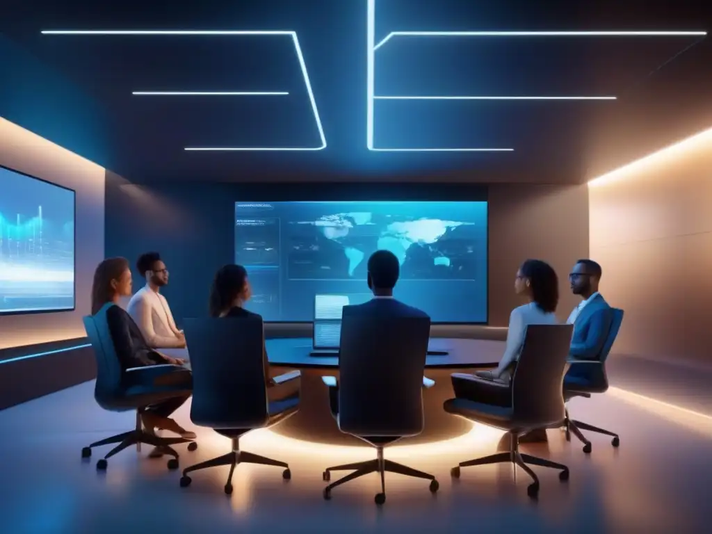 Conferencia futurista en 8k: innovación y colaboración Imagen de sala futurista de videoconferencias con analítica avanzada de comportamiento, iluminación ambiental y participantes colaborativos