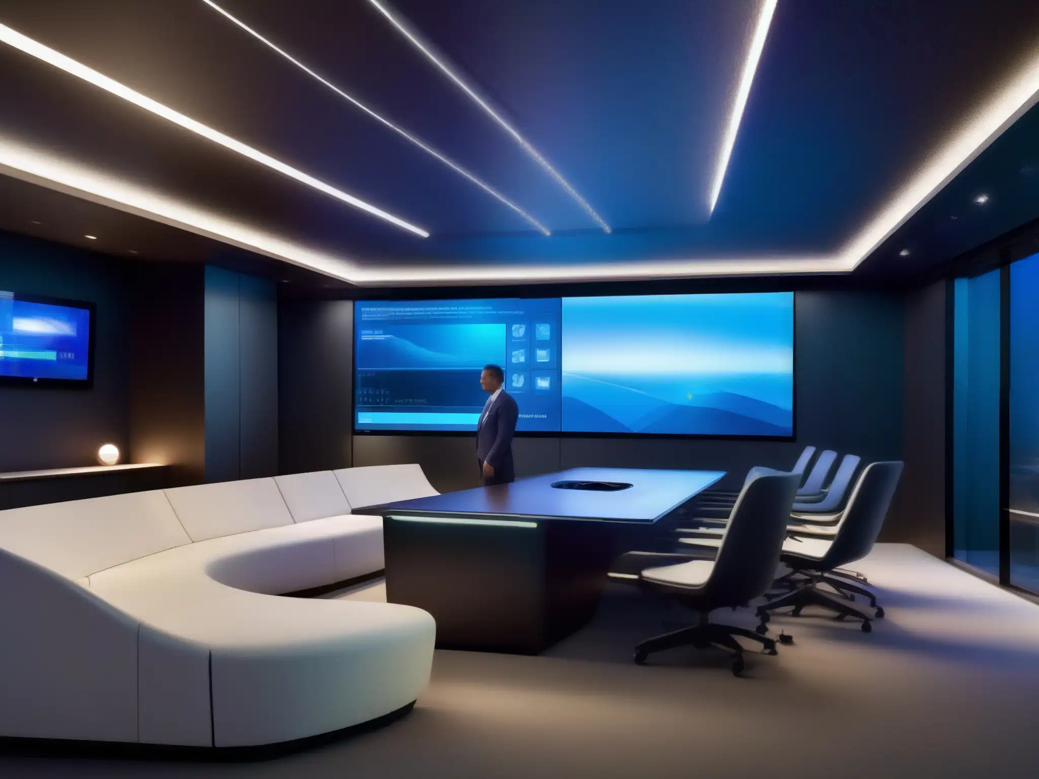 Sala de videoconferencias futurista: eficiencia y seguridad Imagen de una sala futurista para videoconferencias con automatización avanzada, alta definición y seguridad