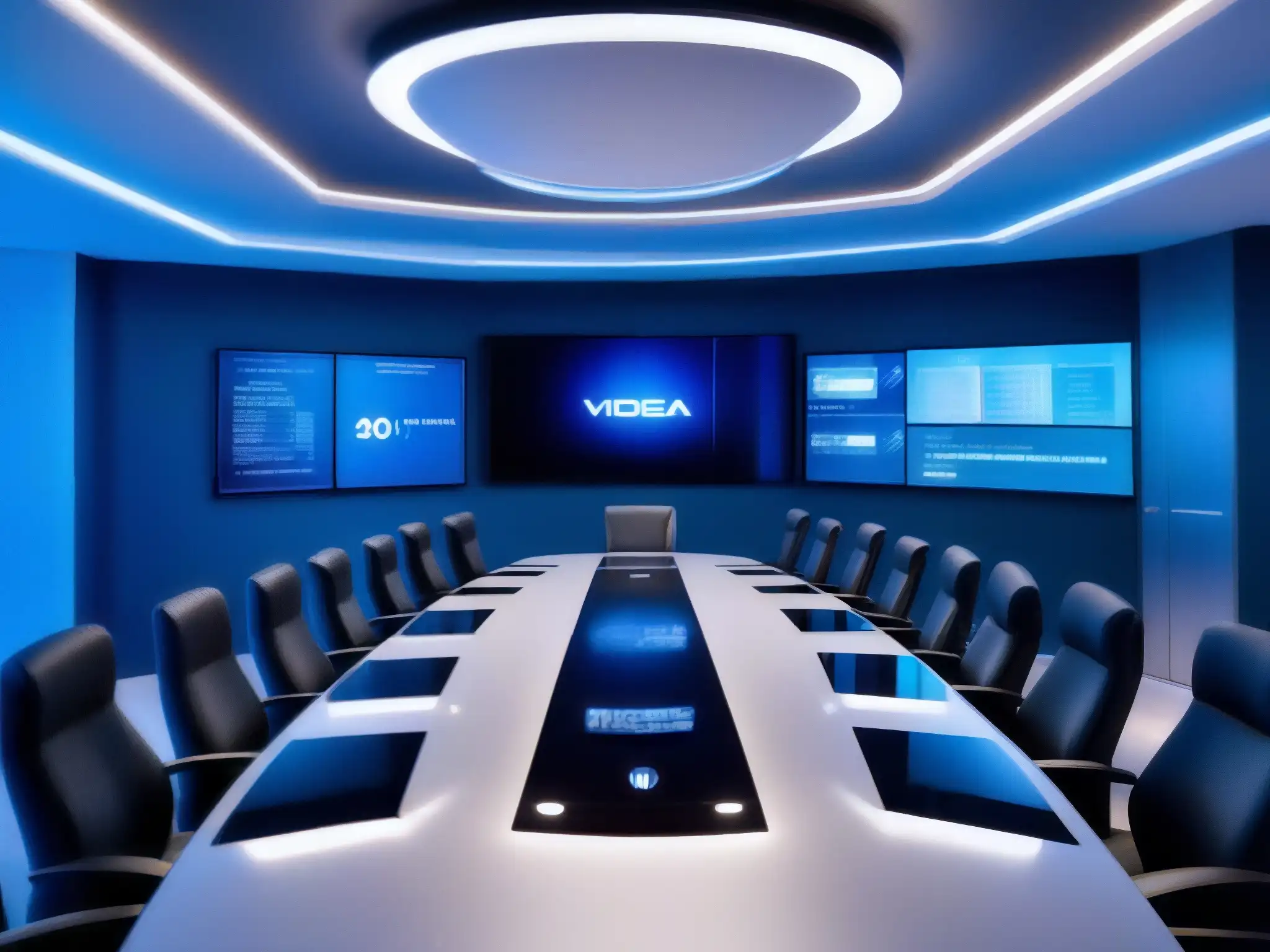 Sala de juntas futurista con videoconferencia y seguridad empresarial Imagen de una sala de juntas futurista con tecnología de videoconferencia de alta gama y protocolos de seguridad para empresas en pantalla