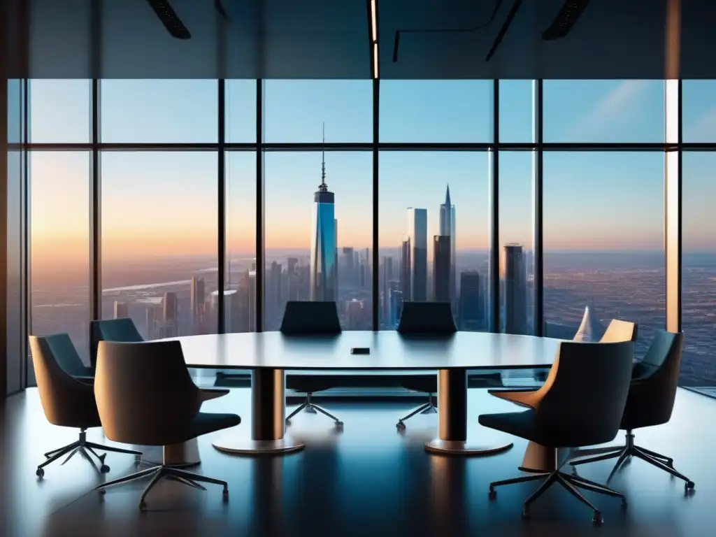 Sala de conferencias futurista y segura para videoconferencias 8K Imagen de una sala de juntas futurista con tecnología de videoconferencia avanzada y profesionales en una reunión productiva
