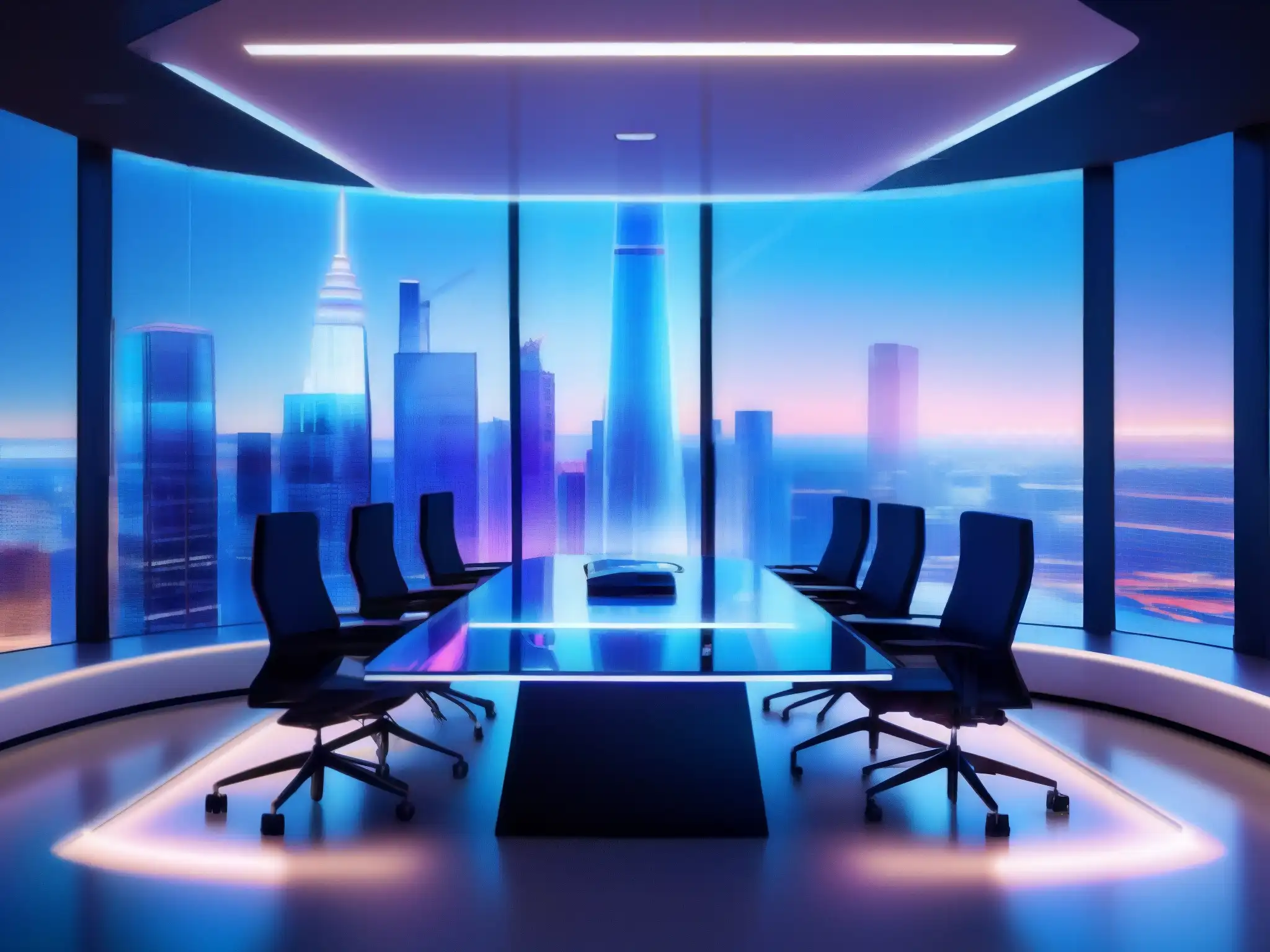 Negociación futurista en sala de alta tecnología Imagen de una sala de negociación corporativa futurista con tecnología de vanguardia y profesionales inmersos en discusiones animadas, creando un ambiente de colaboración global