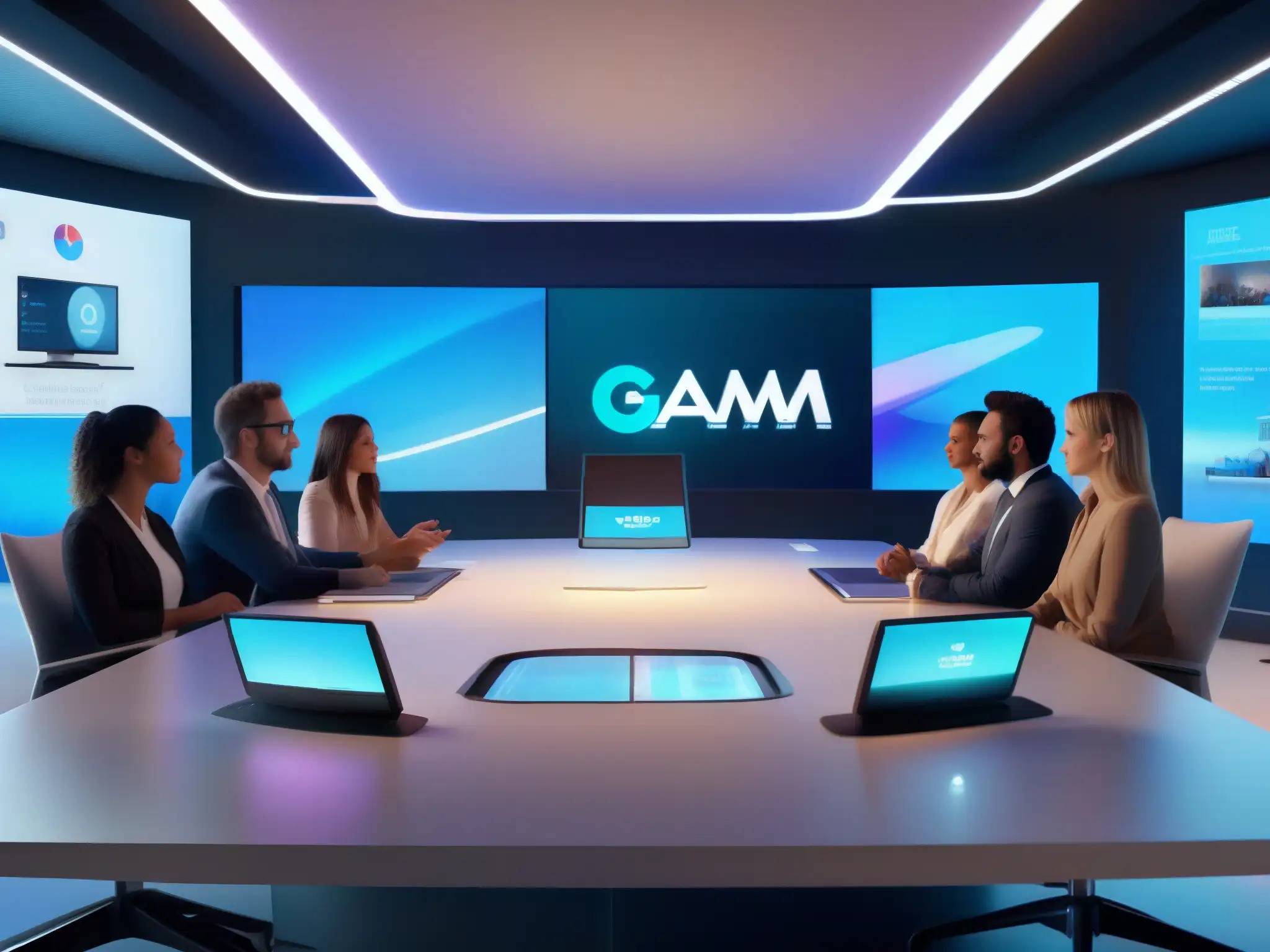 Reunión virtual gamificada en sala futurista Imagen 8k de una sala de reuniones virtual futurista con gamificación, mostrando productividad y trabajo en equipo