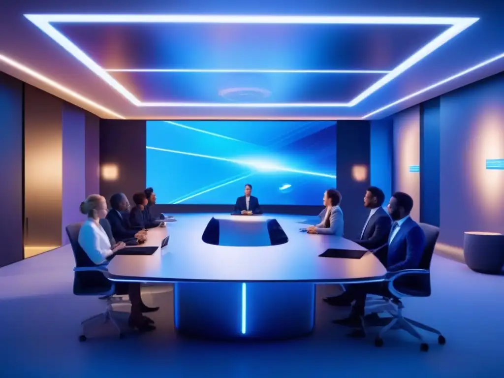 Sala de reuniones virtuales futurista con tecnología holográfica avanzada Imagen de sala de reuniones virtual futurista con tecnologías emergentes para videoconferencias y seguridad