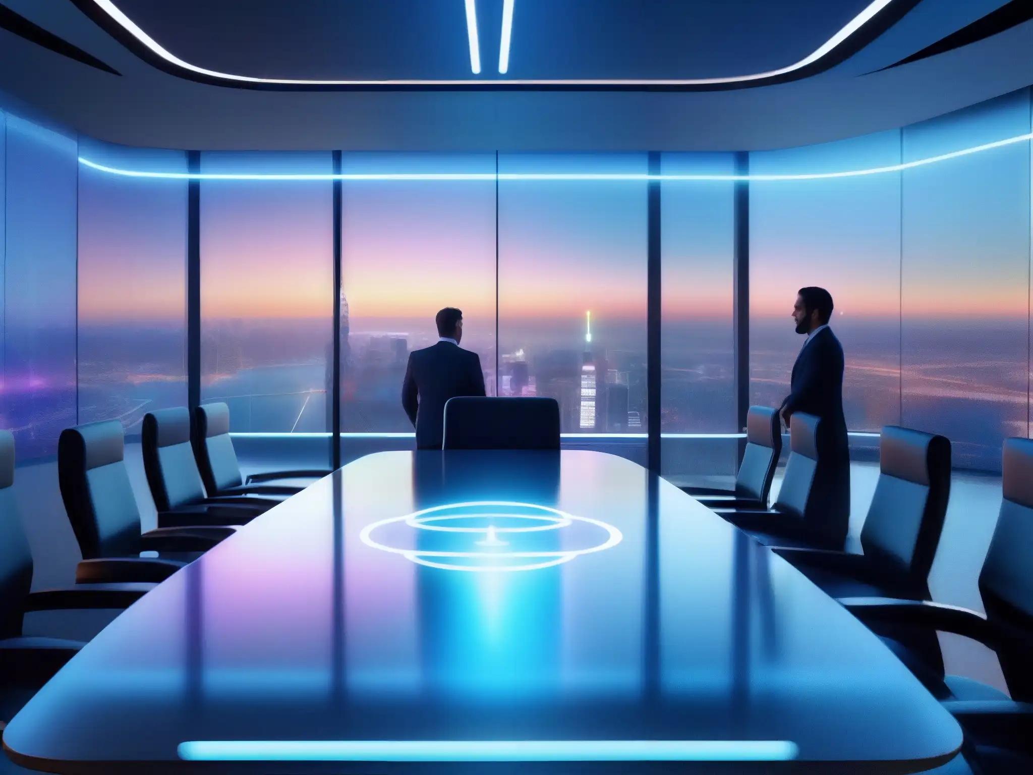 Sala de reuniones virtuales futurista con IA Imagen de sala de reuniones virtual futurista con automatización de agendas y minutas con IA, ambiente sofisticado y tecnología de vanguardia