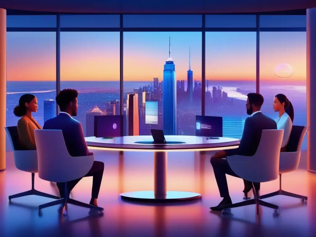 Sala de reuniones virtuales futurista: colaboración profesional Imagen de una sala de reuniones virtual futurista y segura con una atmósfera profesional e innovadora