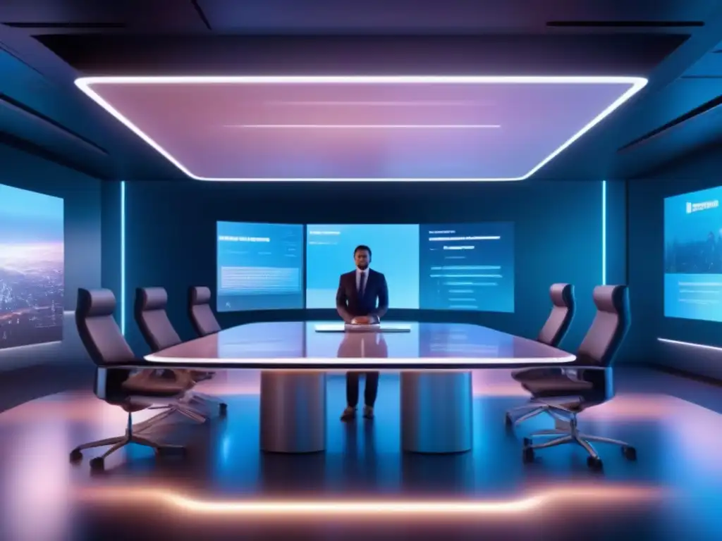 Sala de reuniones virtuales futurista con hologramas interactivos Imagen 8k de sala de reuniones virtuales futurista con características innovadoras para videoconferencias profesionales