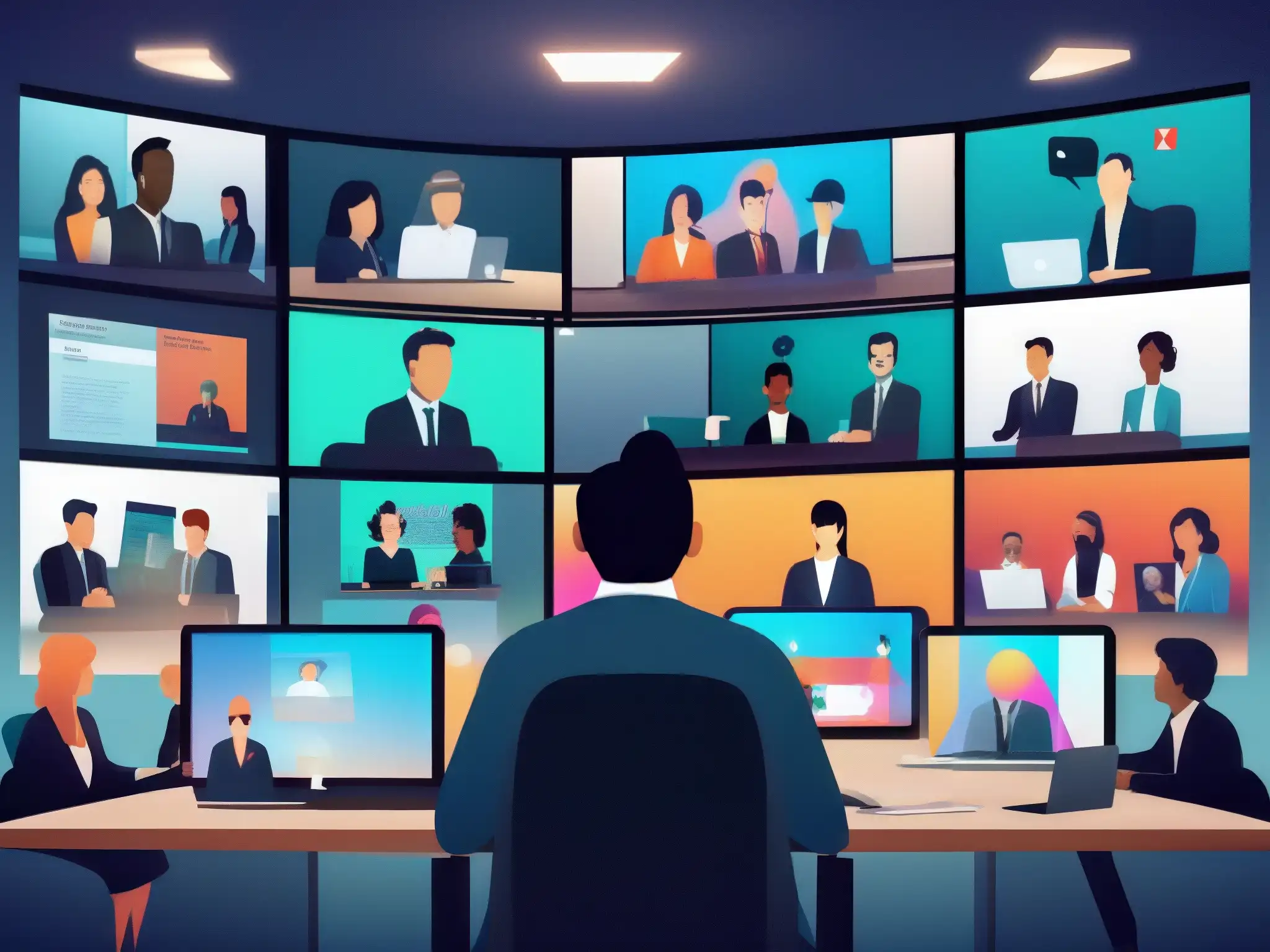 Caos virtual: Frustración en reuniones online Imagen de una sala de reuniones virtuales caótica y con fallas técnicas, reflejando la frustración de los participantes al usar diferentes herramientas de videoconferencia en una comparativa competitiva