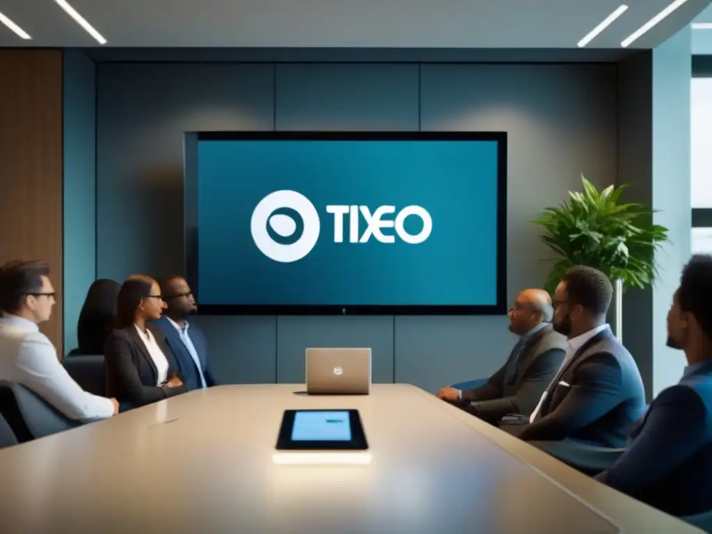 Sala de videoconferencias de vanguardia con Tixeo Imagen de sala de videoconferencia de alta seguridad Tixeo, con tecnología de vanguardia y profesionales colaborando