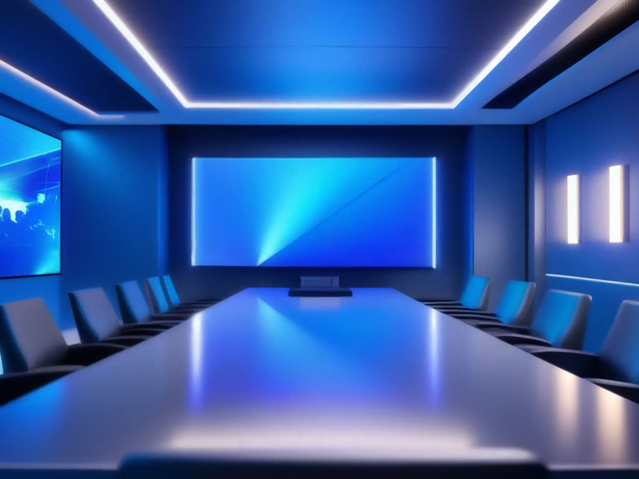 Sala de videoconferencias de alta seguridad: Futurista y profesional Imagen 8k de una sala de videoconferencia de alta seguridad futurista de Tixeo, con diseño moderno y tecnología de vanguardia