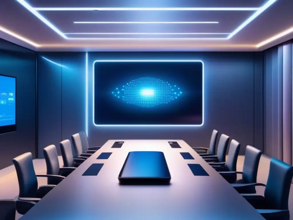 Sala de videoconferencias futurista con medidas de seguridad avanzadas Imagen 8k de una sala de videoconferencia virtual con protocolos de control de accesos, destacando su seguridad para videoconferencias