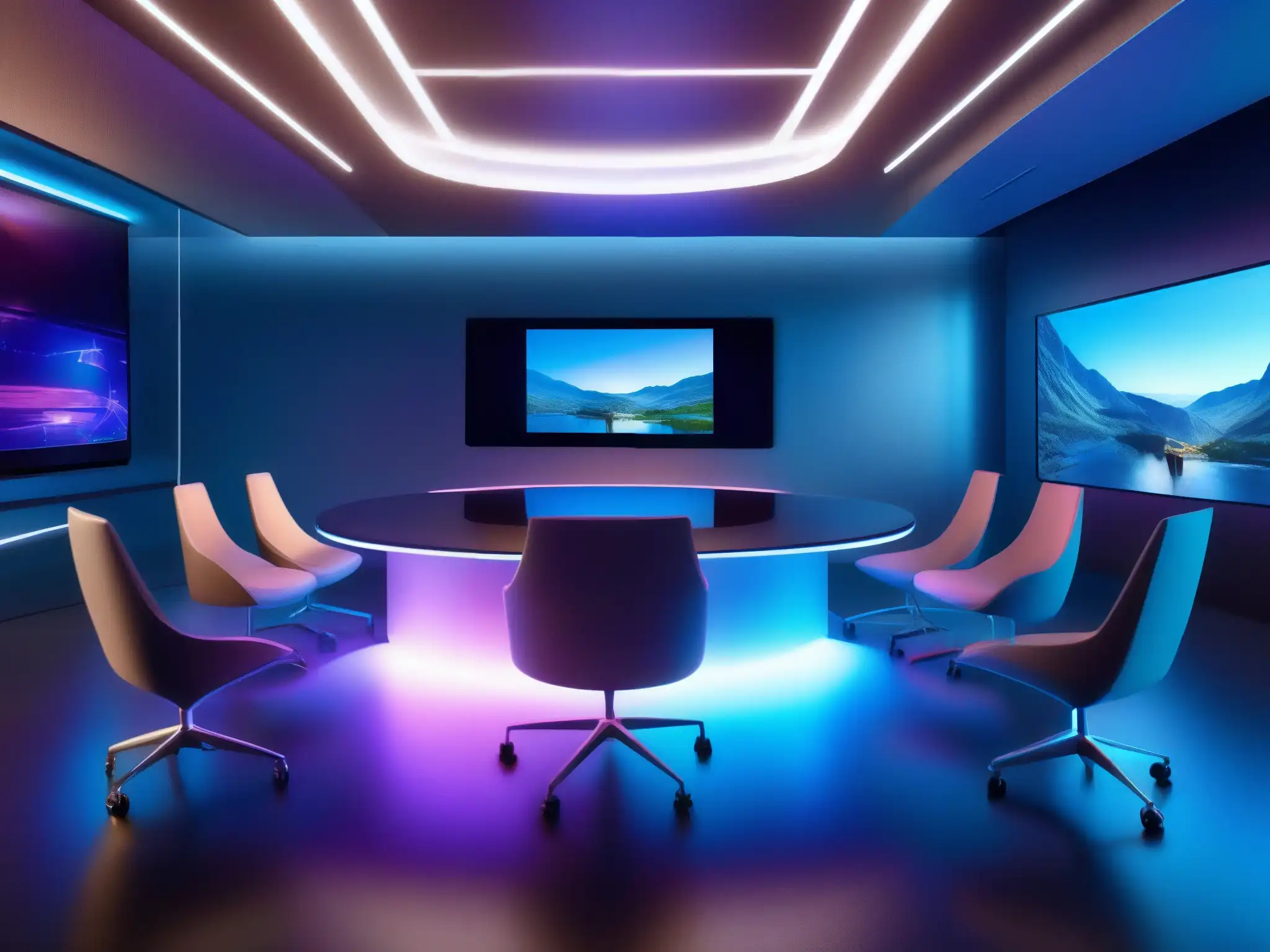 Videoconferencia futurista en sala ultradetallada: 8k y seguridad avanzada Imagen de una sala de videoconferencias futurista con tecnología avanzada y seguridad en videoconferencias profesionales