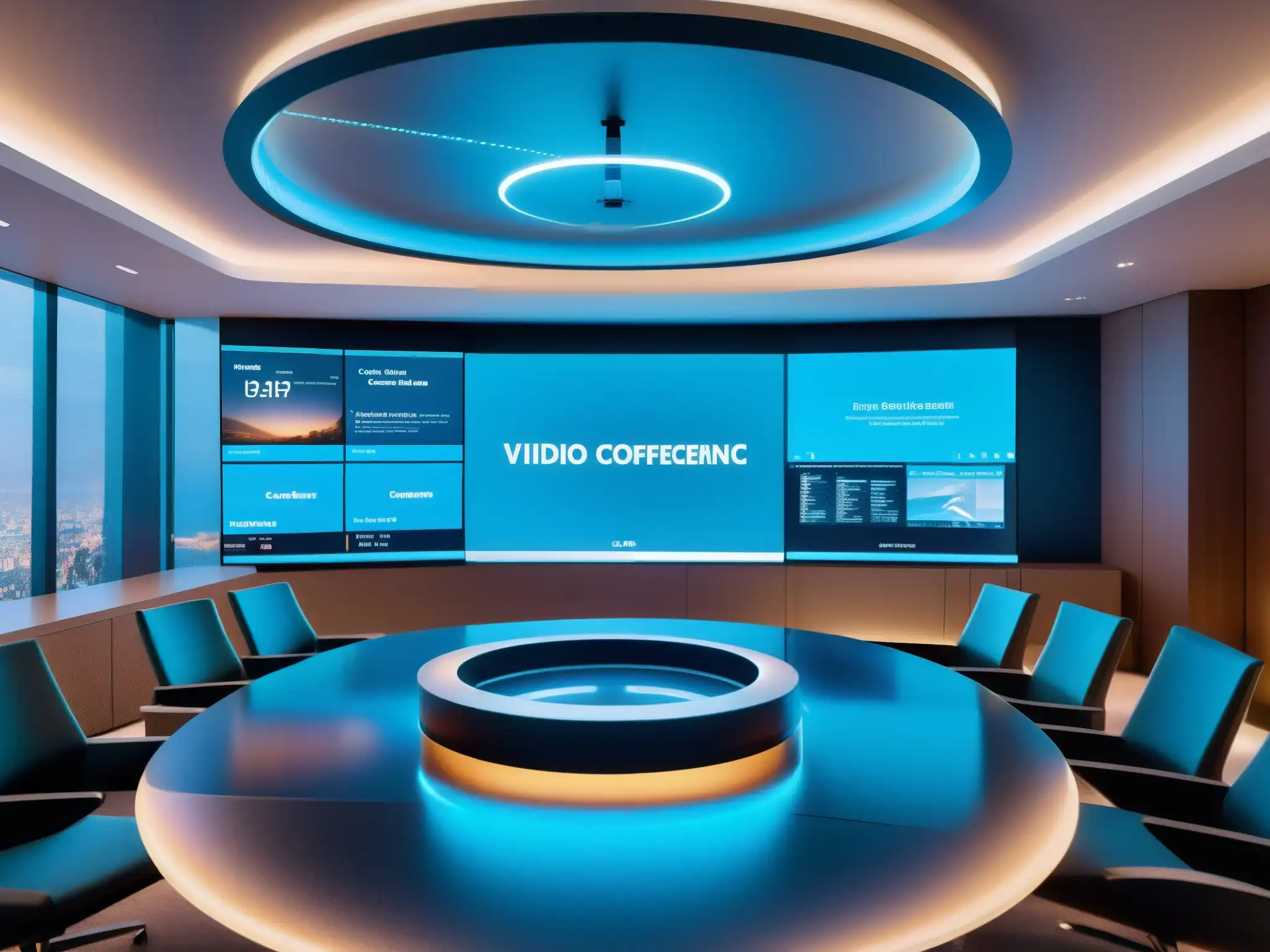 Sala de videoconferencias futurista con tecnología holográfica avanzada Imagen de sala de videoconferencias futurista con tecnología holográfica avanzada y ambiente profesional