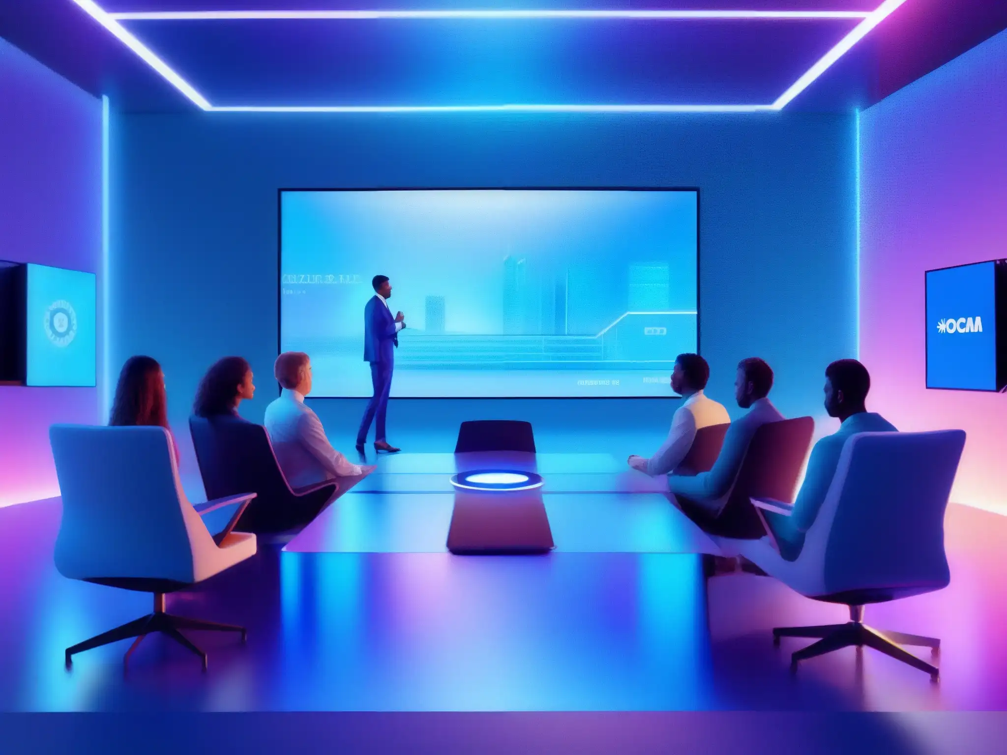 Sala de videoconferencias futurista con tecnología de vanguardia Imagen de sala de videoconferencias futurista con tecnología de inteligencia artificial, ambiente profesional y hightech
