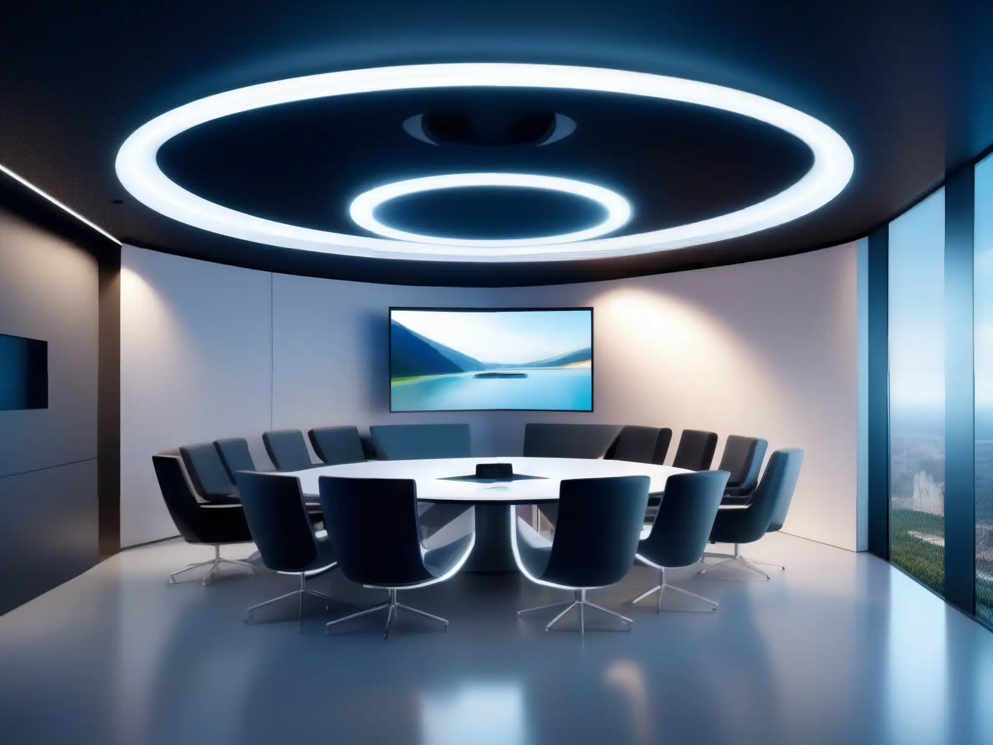 Sala de videoconferencias futurista y sofisticada Imagen de sala de videoconferencias futurista con herramientas videoconferencia internet ultrarrápido, diseño moderno y ambiente colaborativo