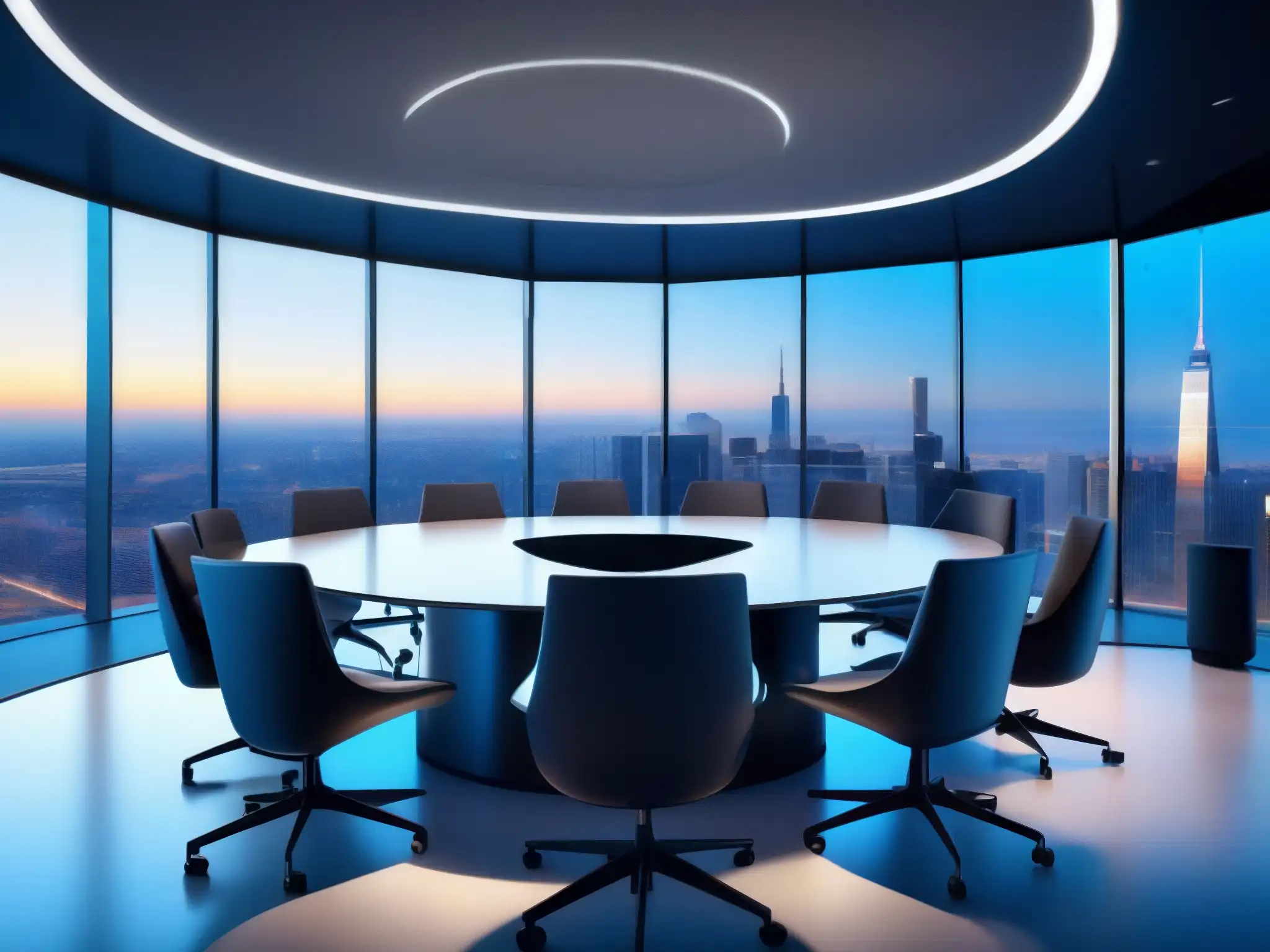 Sala de videoconferencias futurista con vista a la ciudad en 8K Imagen de una sala de videoconferencias futurista con herramientas de videoconferencia internet ultrarrápido y vistas a la ciudad