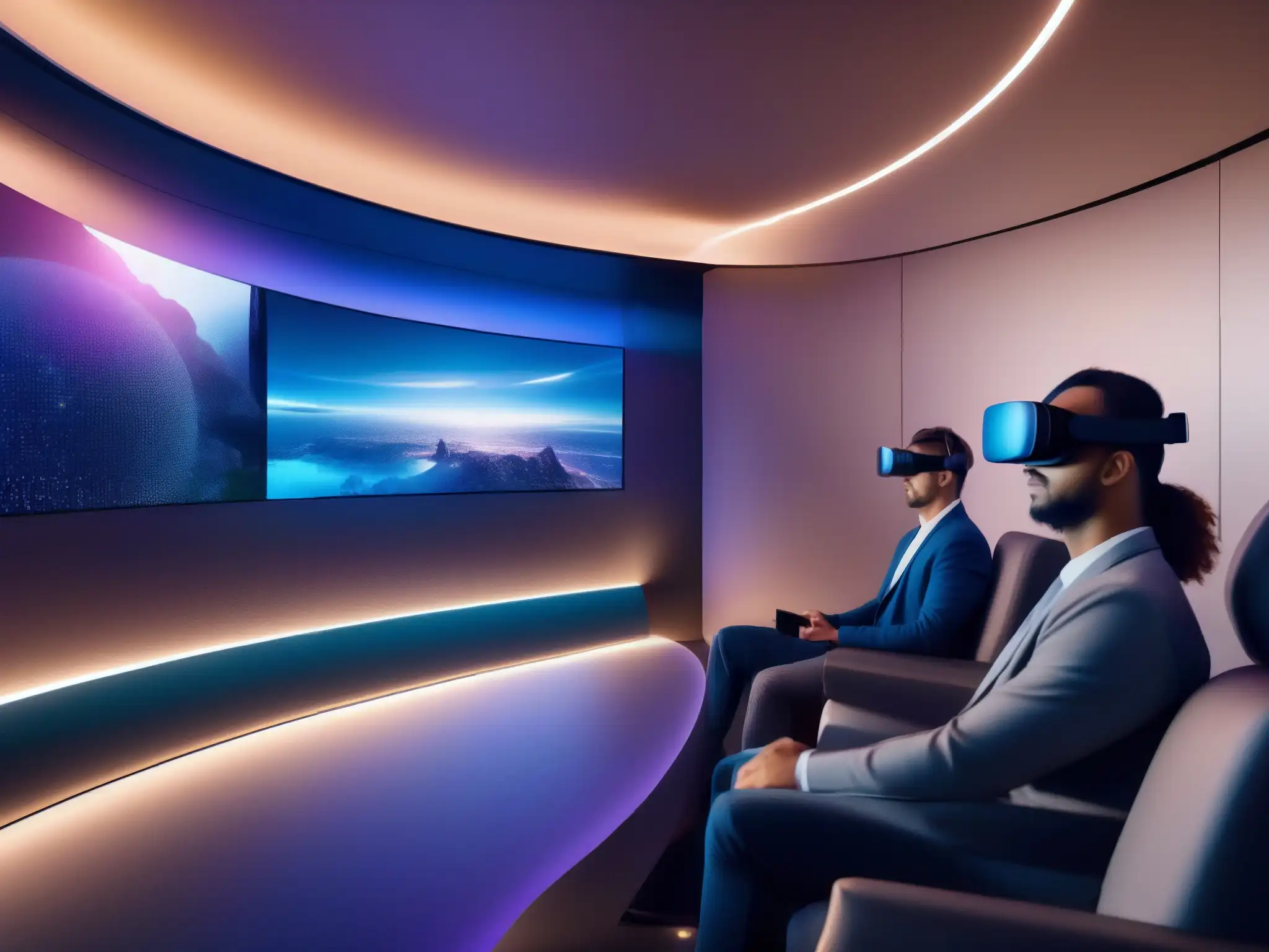 Sala de videoconferencias futurista en 8k Imagen de sala de videoconferencias futurista con tecnología de vanguardia y participantes en realidad virtual