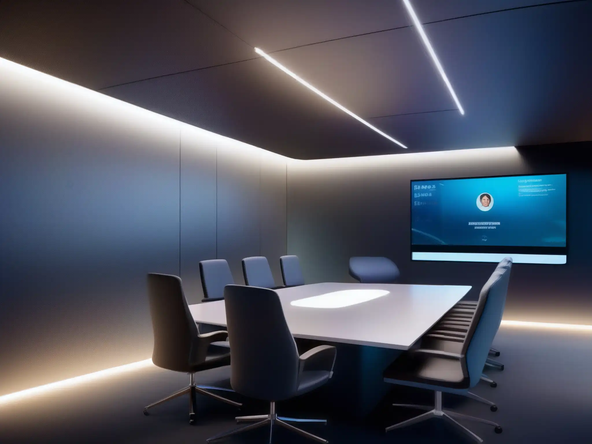 Sala de videoconferencias futurista con tecnología de vanguardia Imagen de una sala de videoconferencias futurista con diseño minimalista y tecnología de automatización de vanguardia