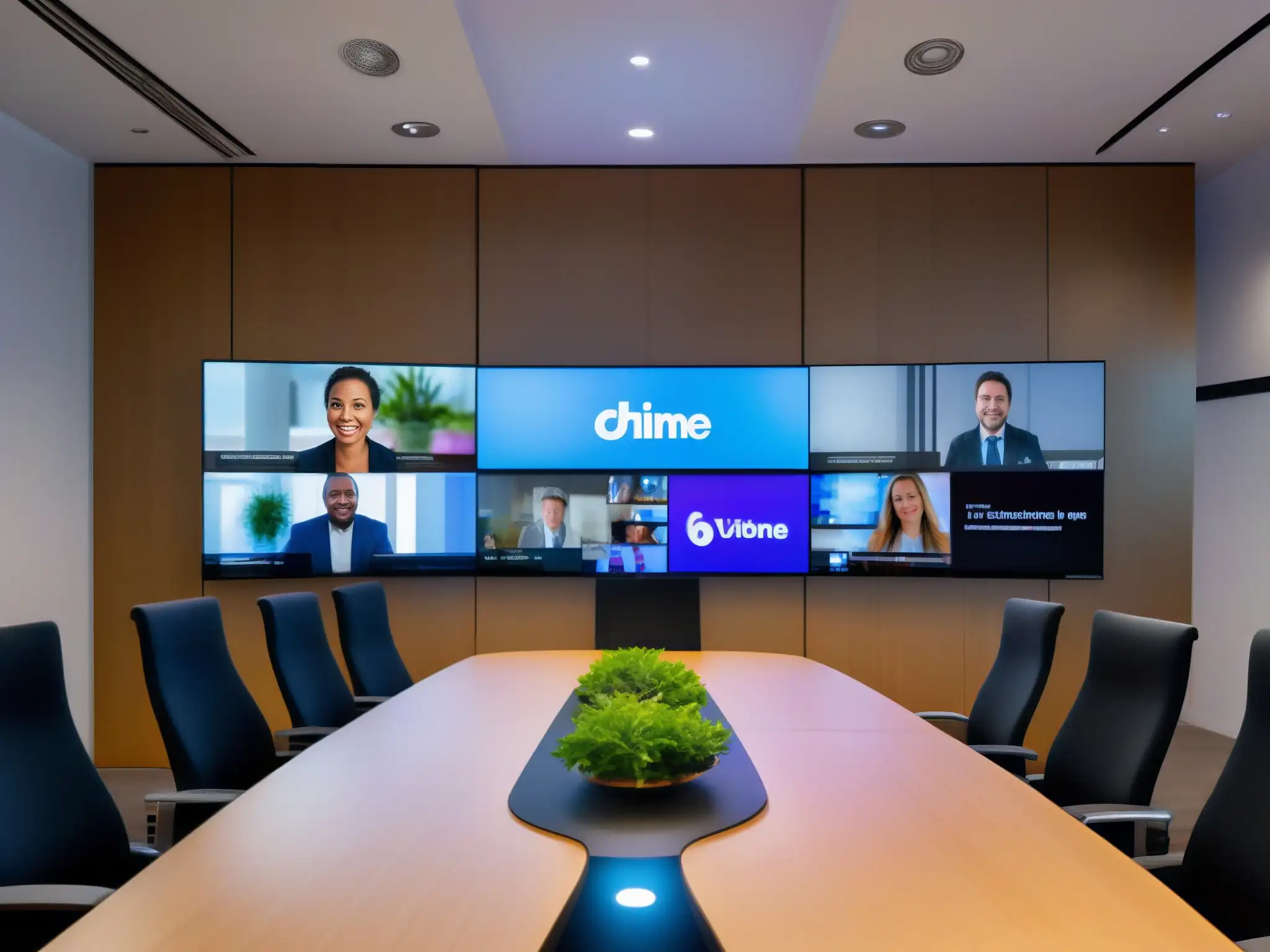 Sala de videoconferencias de vanguardia con Lifesize y Chime Imagen de una sala de videoconferencias moderna y sofisticada con sistemas Lifesize y Chime, mostrando colaboración y eficiencia