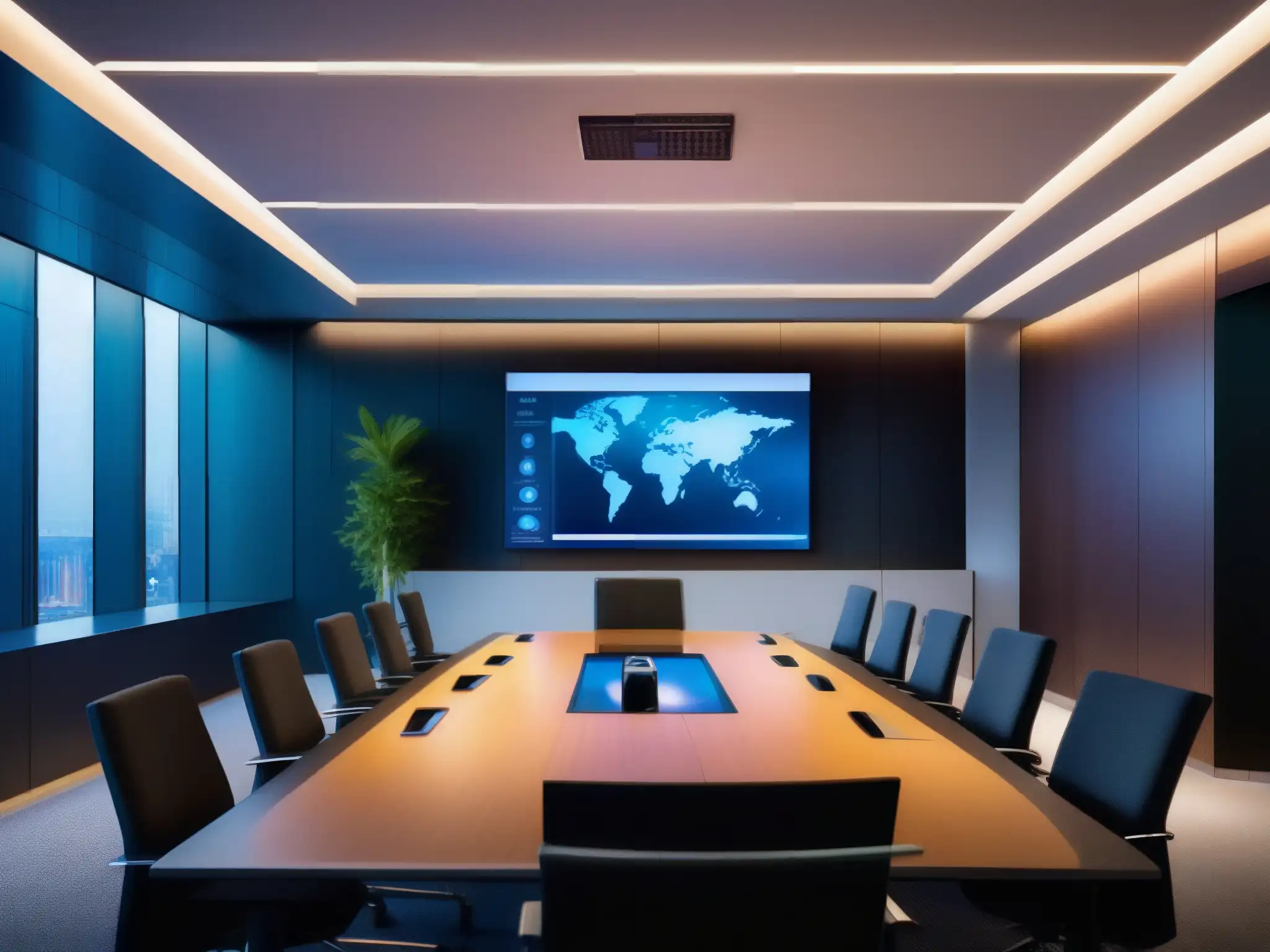 Sala de videoconferencias seguras y modernas Imagen de una sala de videoconferencias moderna y segura, con protocolos de seguridad avanzados para empresas