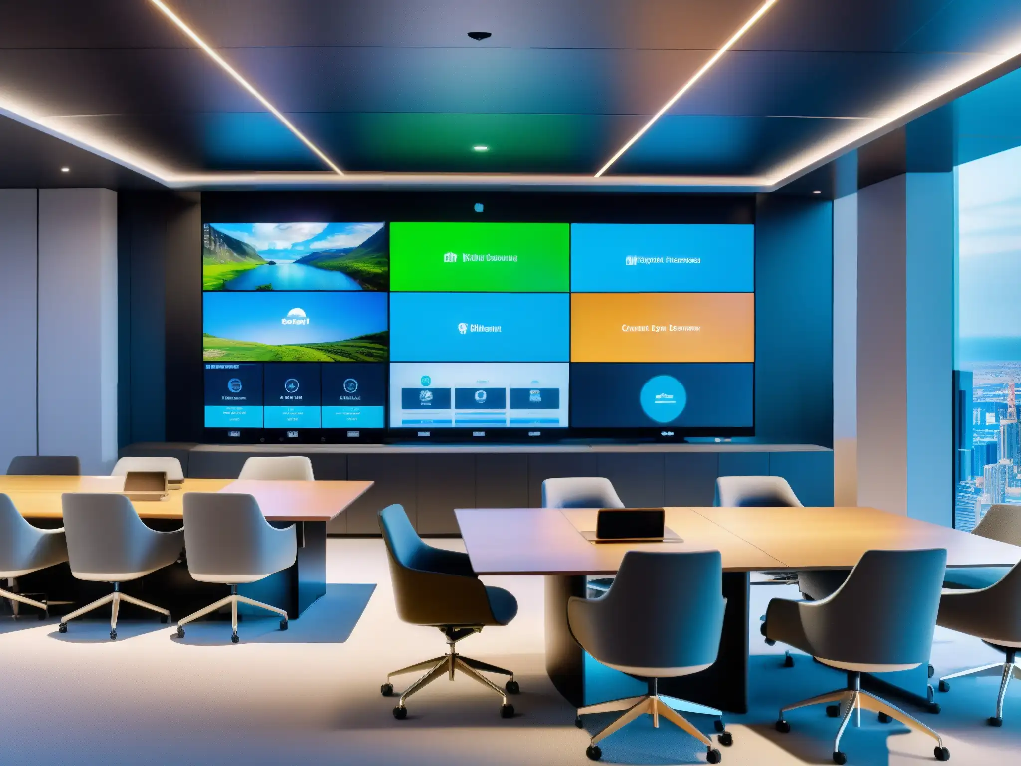 Sala de videoconferencias futurista con análisis de datos AI en tiempo real Imagen 8k de sala de videoconferencias moderna con tecnología de Inteligencia Artificial en pantallas, generando insights para participantes