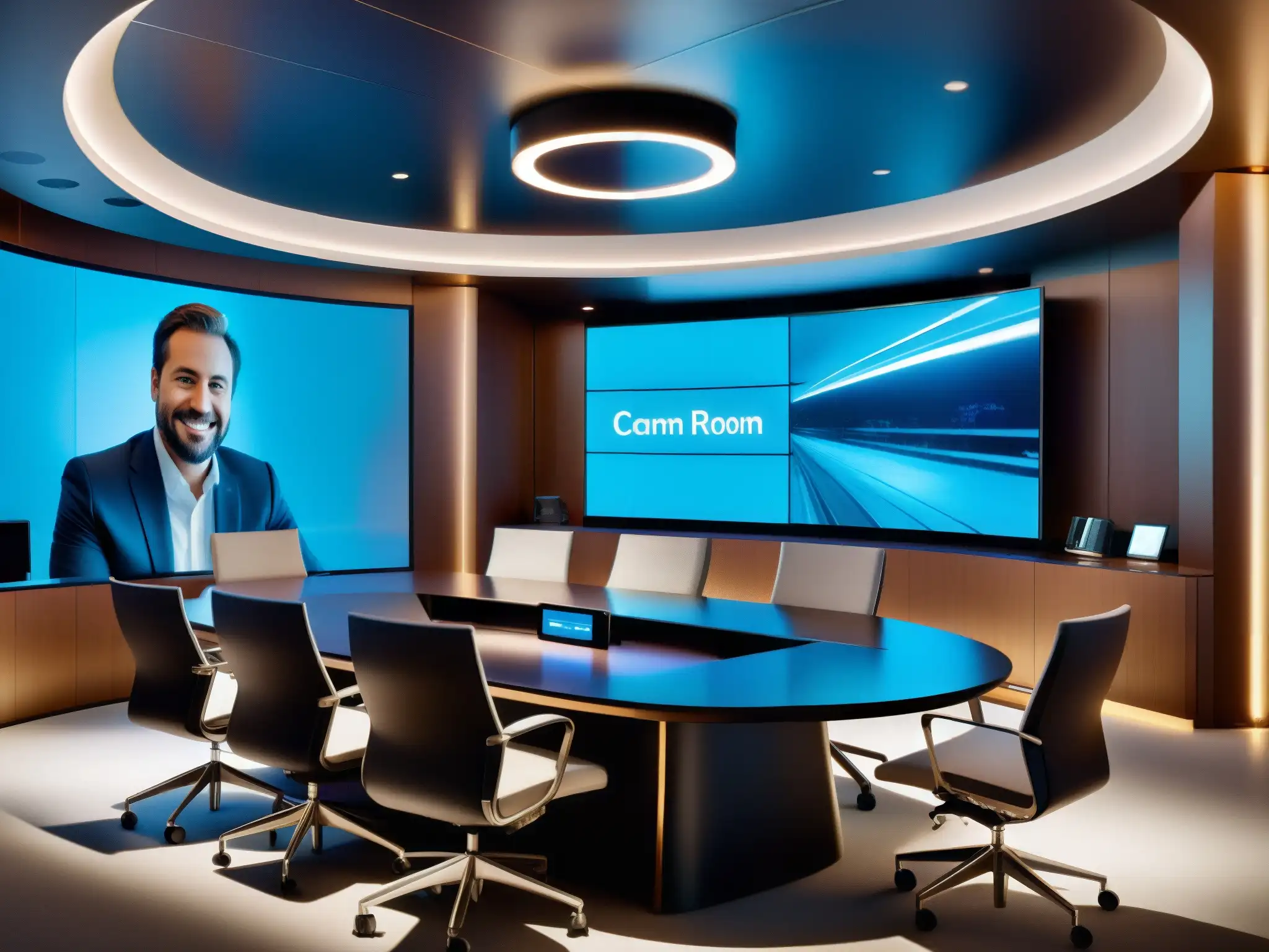 Sala de videoconferencias futurista para profesionales Imagen de una sala de videoconferencias moderna y sofisticada, ideal para servicios financieros y atención al cliente