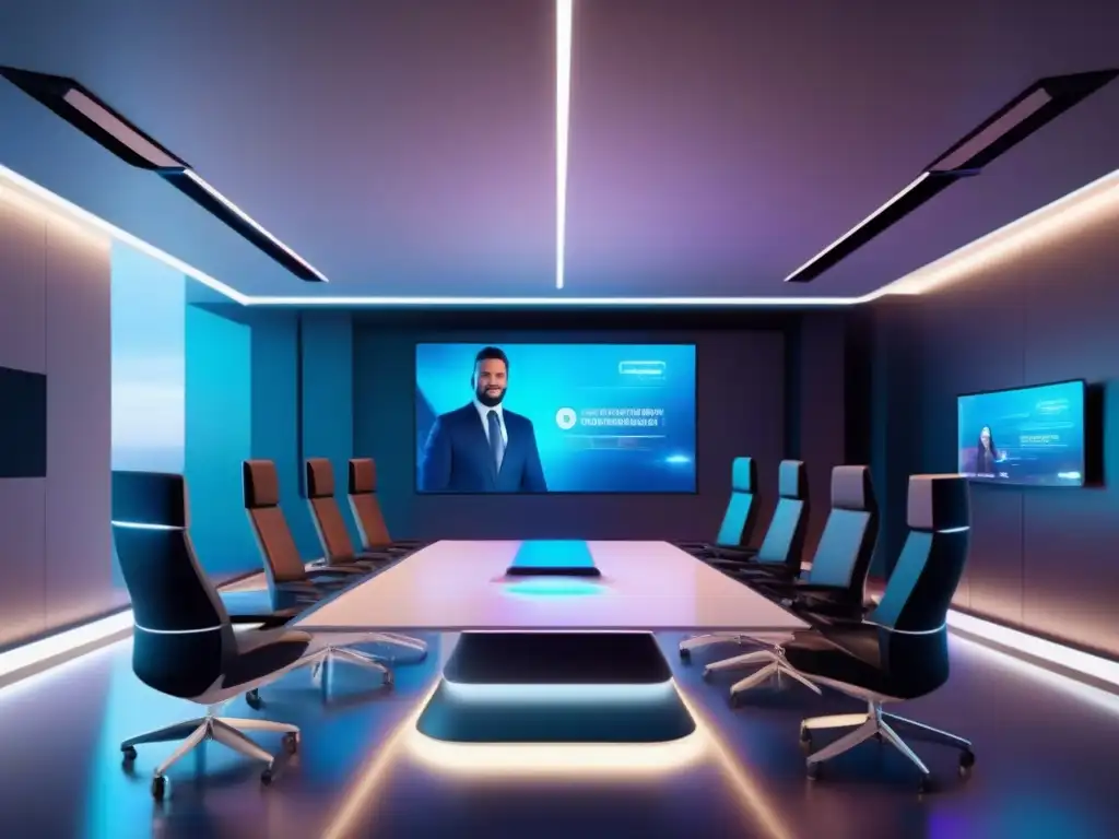Sala de videoconferencias futurista con avatares profesionales en acción Imagen de una sala de videoconferencias profesionales con gamificación, avatares y hologramas futuristas en una atmósfera dinámica y moderna en 8k