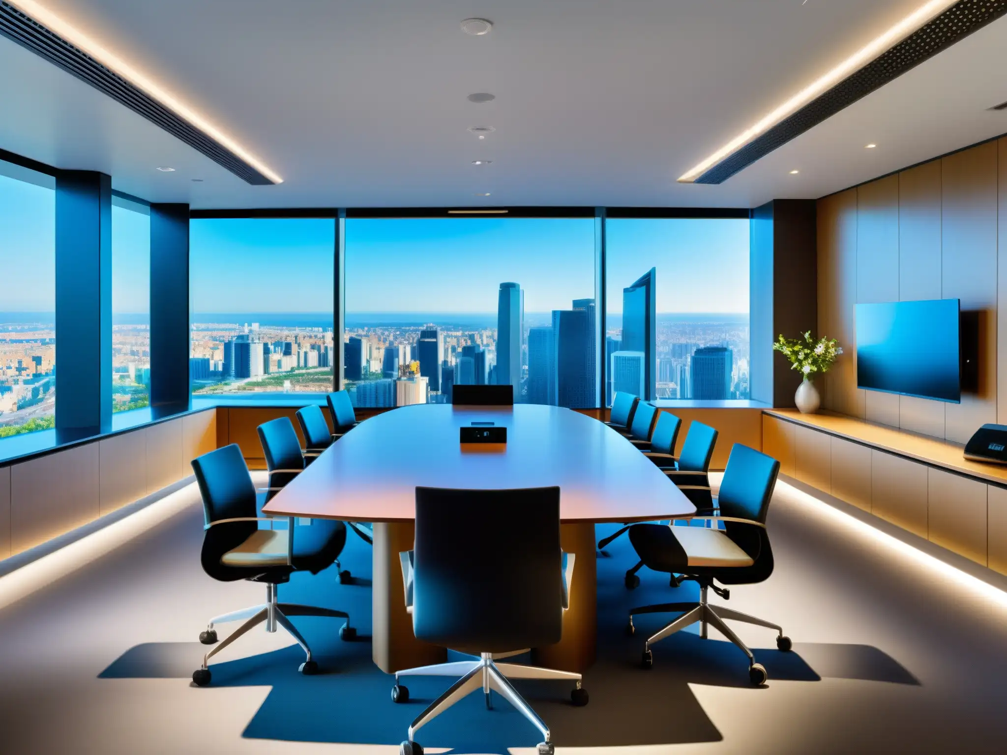 Sala de videoconferencias ultramoderna con tecnología AI Imagen de sala de videoconferencias con tecnología de IA, ambiente profesional e innovador, transformación videoconferencias IA