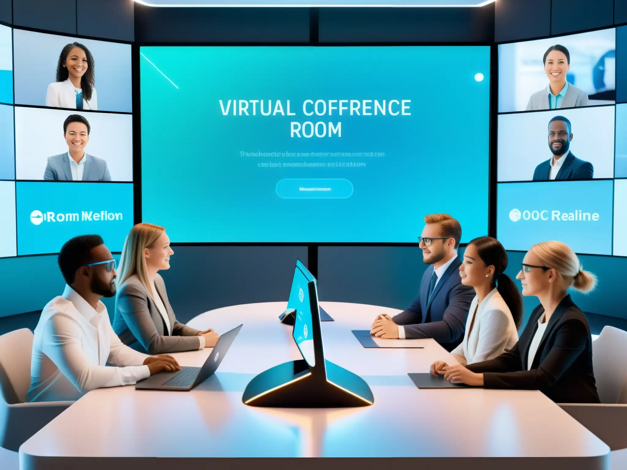 Sala de videoconferencias futurista con IA Imagen de sala de videoconferencias virtual con toques futuristas, mostrando la transformación videoconferencias IA y la colaboración global