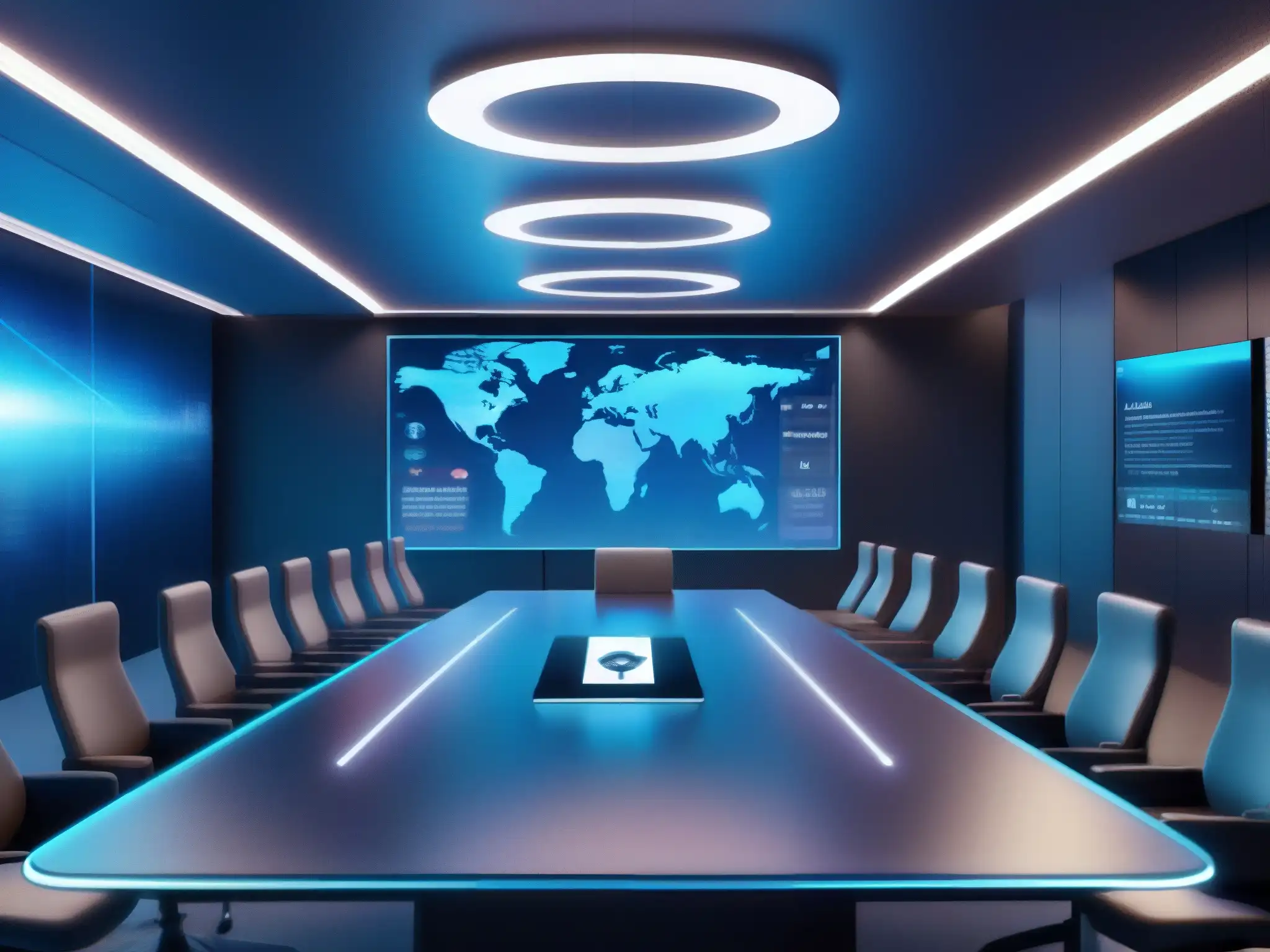 Sala de reuniones virtuales seguras con hologramas futuristas Imagen 8k de sala virtual moderna y segura con hologramas