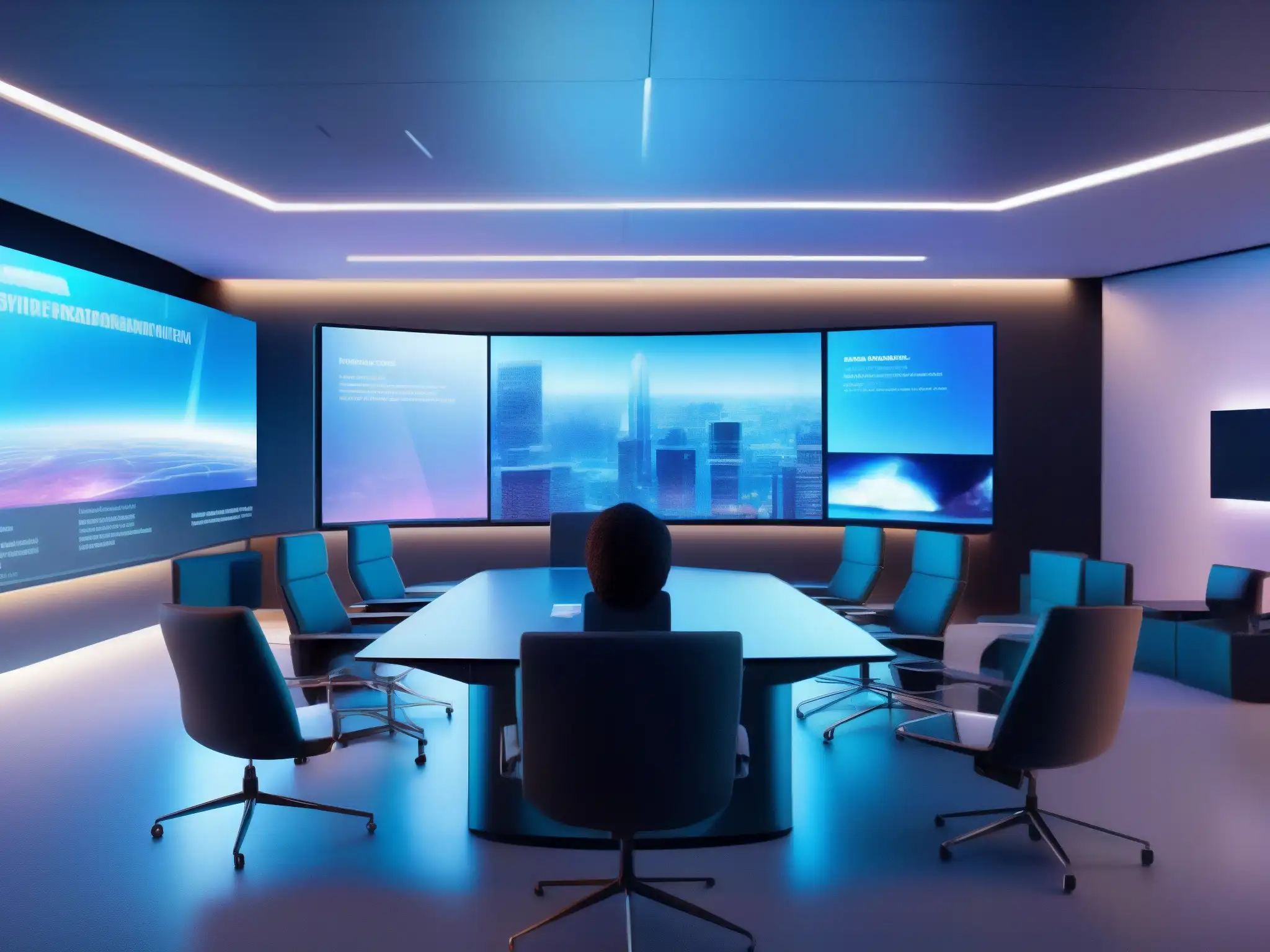 Sala de videoconferencias futurista: riesgos y soluciones Imagen 8k de sala virtual de videoconferencias con tecnología futurista y profesionales discutiendo, mostrando riesgos de sincronización en la nube