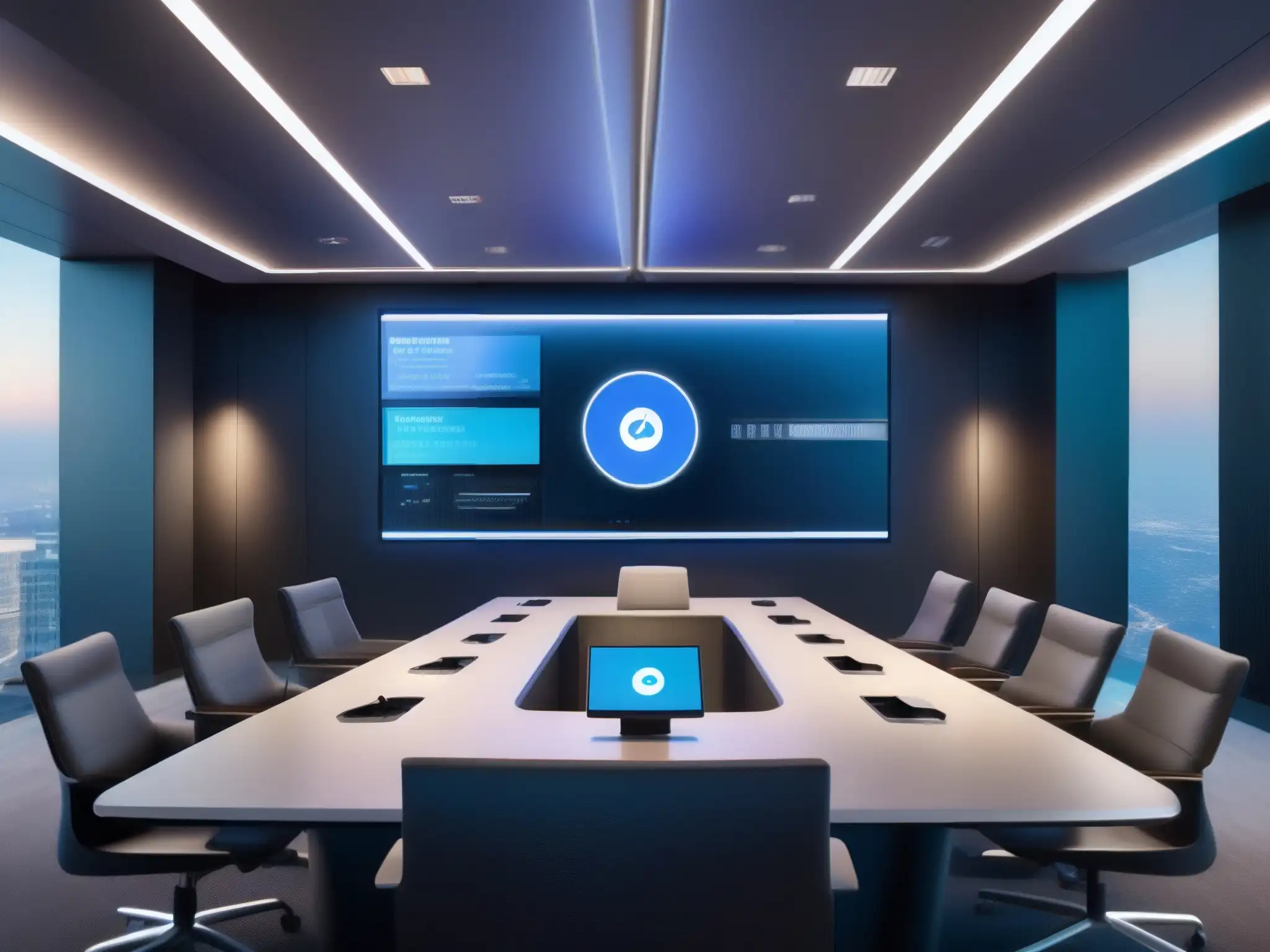 Conferencia segura: equipo 8k con avanzadas medidas de protección Imagen 8k de setup futurista para videoconferencias, con medidas de seguridad avanzadas para prevención fugas información videoconferencias
