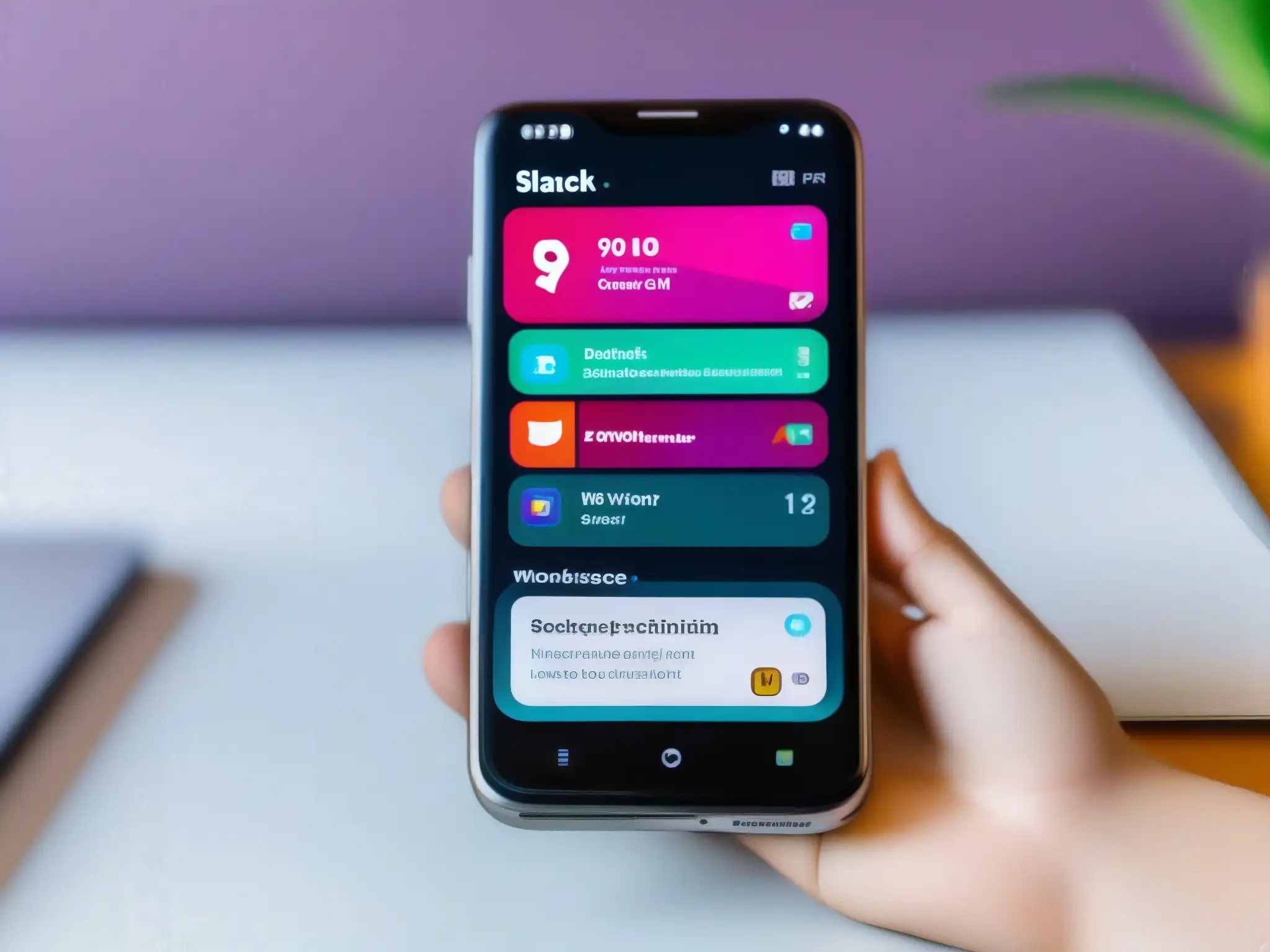 Smartphone con Slack y apps integradas Una imagen de un smartphone futurista mostrando la integración de aplicaciones de terceros en Slack, capturando su eficiencia y versatilidad