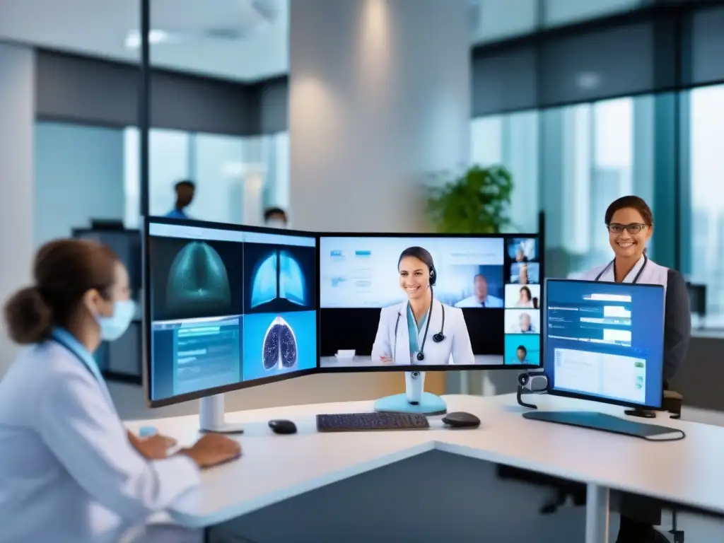 Telemedicina futurista con Vidyo: consulta en alta resolución Una imagen de telemedicina innovadora con el sistema Vidyo integrado en un entorno clínico de alta tecnología