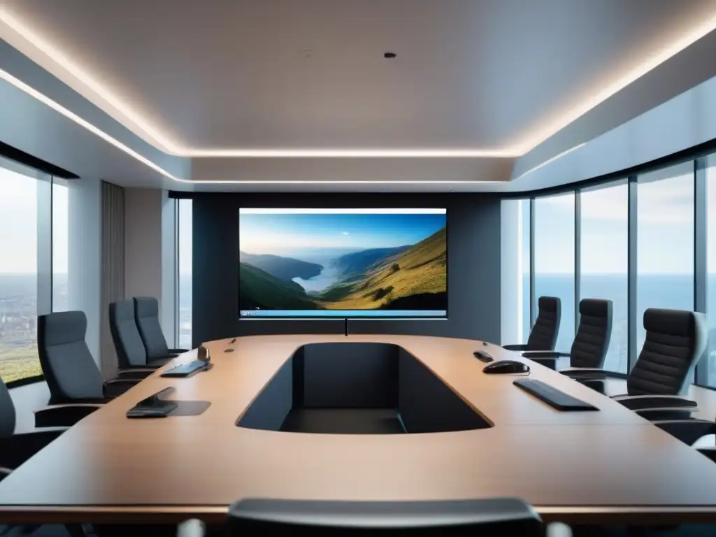 Conferencia de video 8k: Profesionalismo y tecnología de vanguardia Imagen ultradetallada de videoconferencia moderna en 8k, con diseño minimalista y equipo de alta tecnología