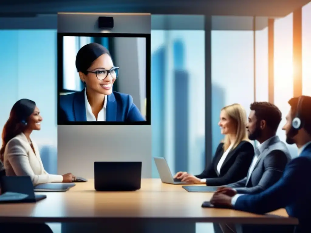 Profesional participando en videoconferencia moderna Imagen de videoconferencia con coherencia visual, profesionalismo y sofisticación tecnológica