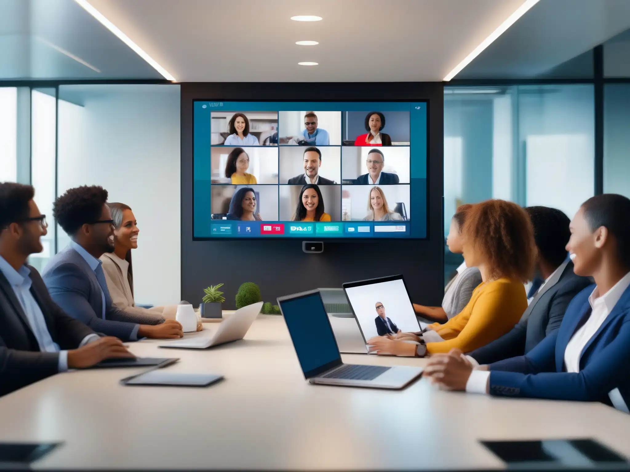 Videoconferencia Profesional y Educativa en Pantalla Dividida Una imagen de videoconferencia comparativa 2023, mostrando una reunión profesional y una clase educativa, evocando sofisticación y modernidad