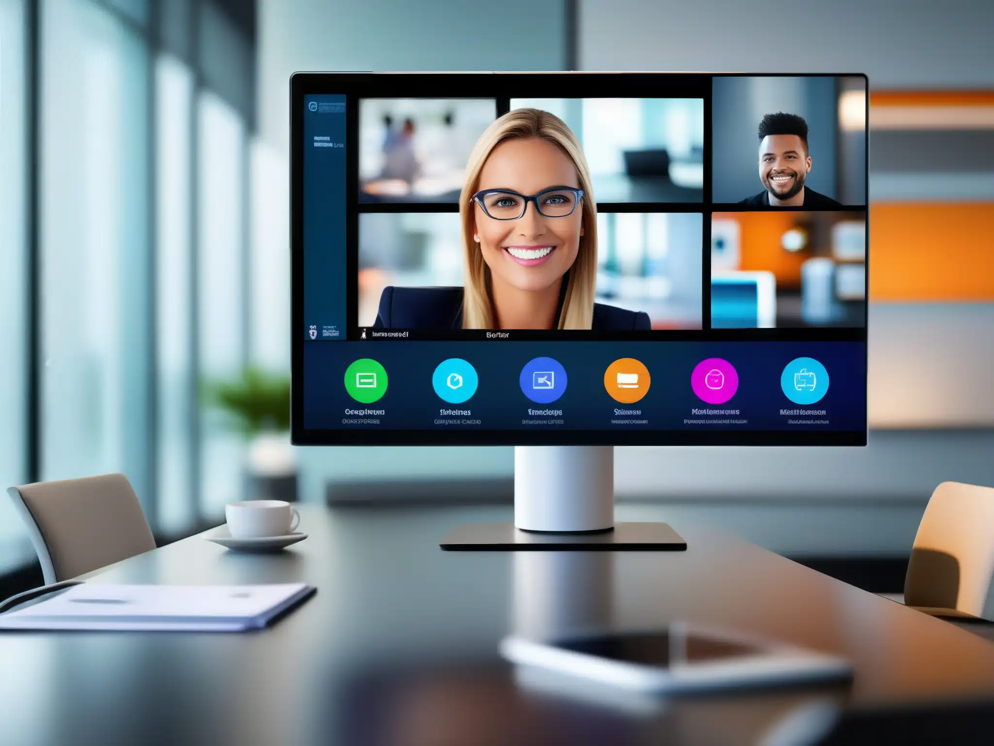 Conferencia virtual de alta calidad: expresiones faciales cristalinas en entorno moderno Imagen de videoconferencia detallada mostrando calidad de QoS en estudio de casos, con expresiones faciales nítidas y ambiente profesional moderno