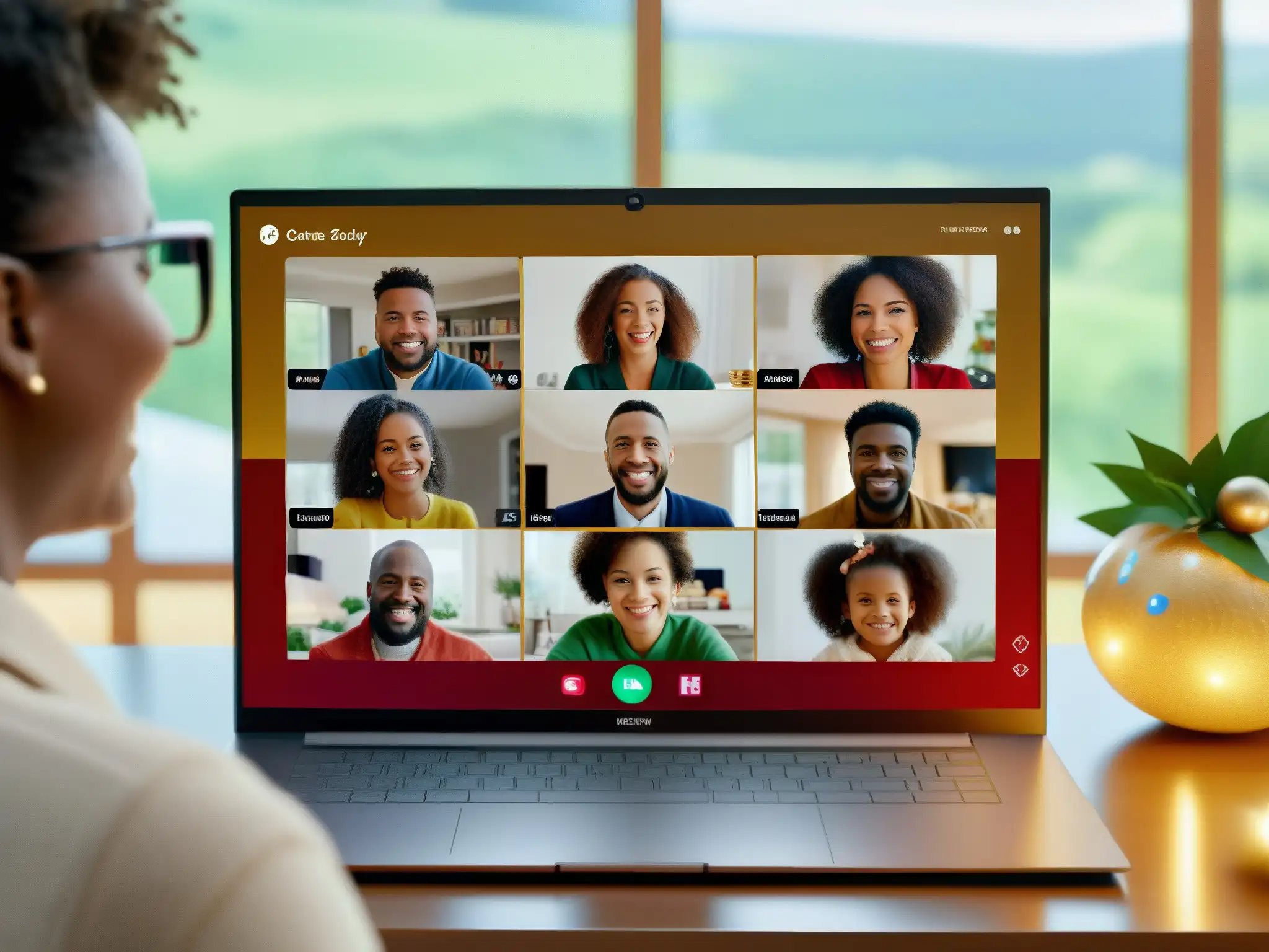 Reunión familiar virtual en 8k: Celebrando juntos Imagen 8k de una videoconferencia familiar festiva, adaptando festividades familiares a videoconferencias con calidez y conexión moderna