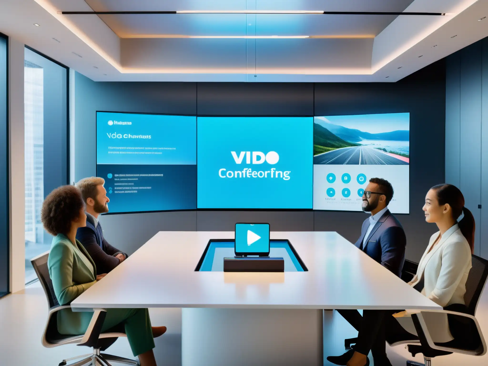 Oficina futurista: videoconferencia con IA y hologramas Imagen de una videoconferencia futurista en una oficina moderna con herramientas de IA para startups, videoconferencias inteligentes