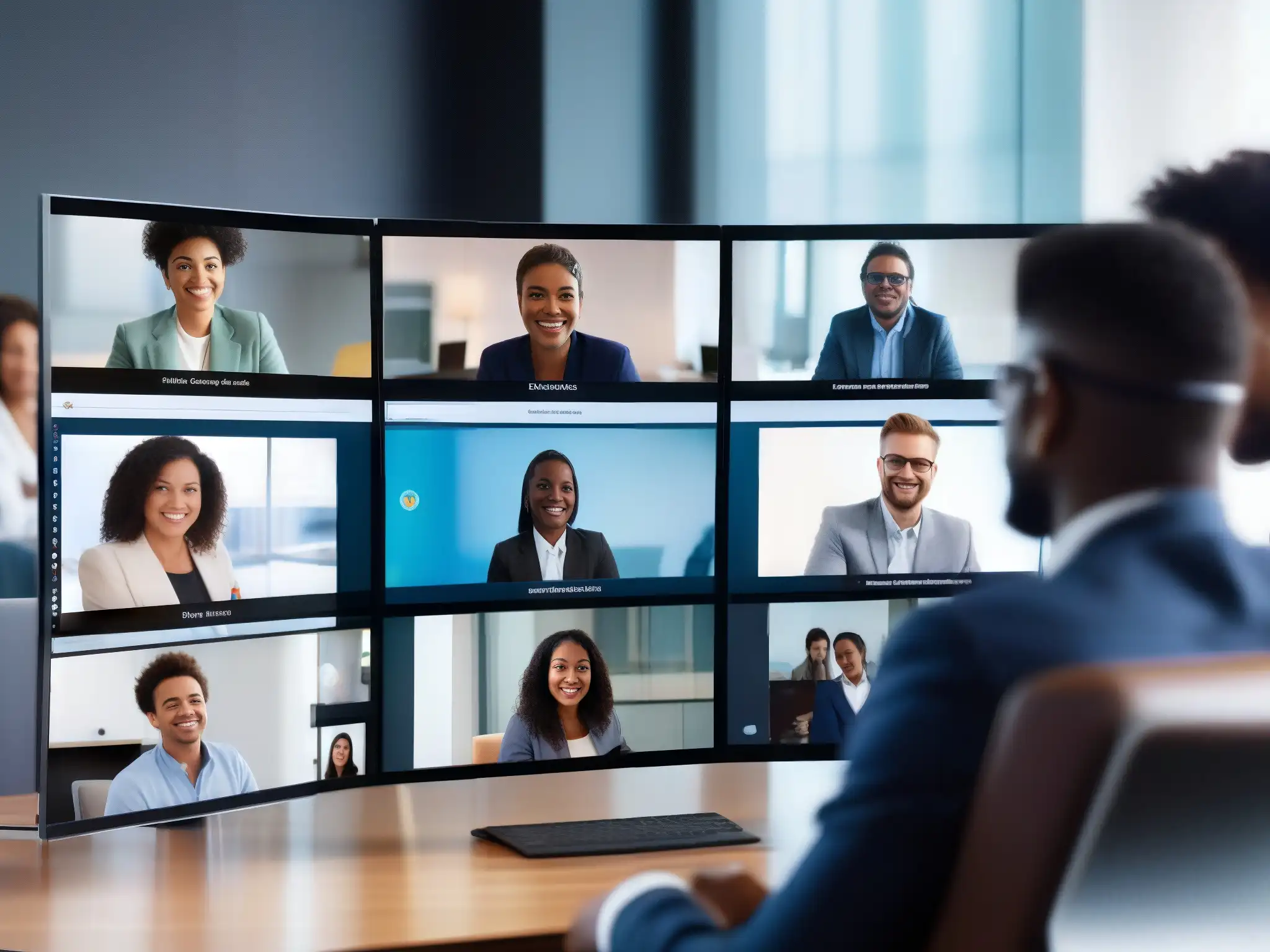 Conferencia virtual: diversidad y colaboración en acción Imagen de videoconferencia con participantes colaborando en Zoom y WebEx, con alta conectividad y equipo moderno