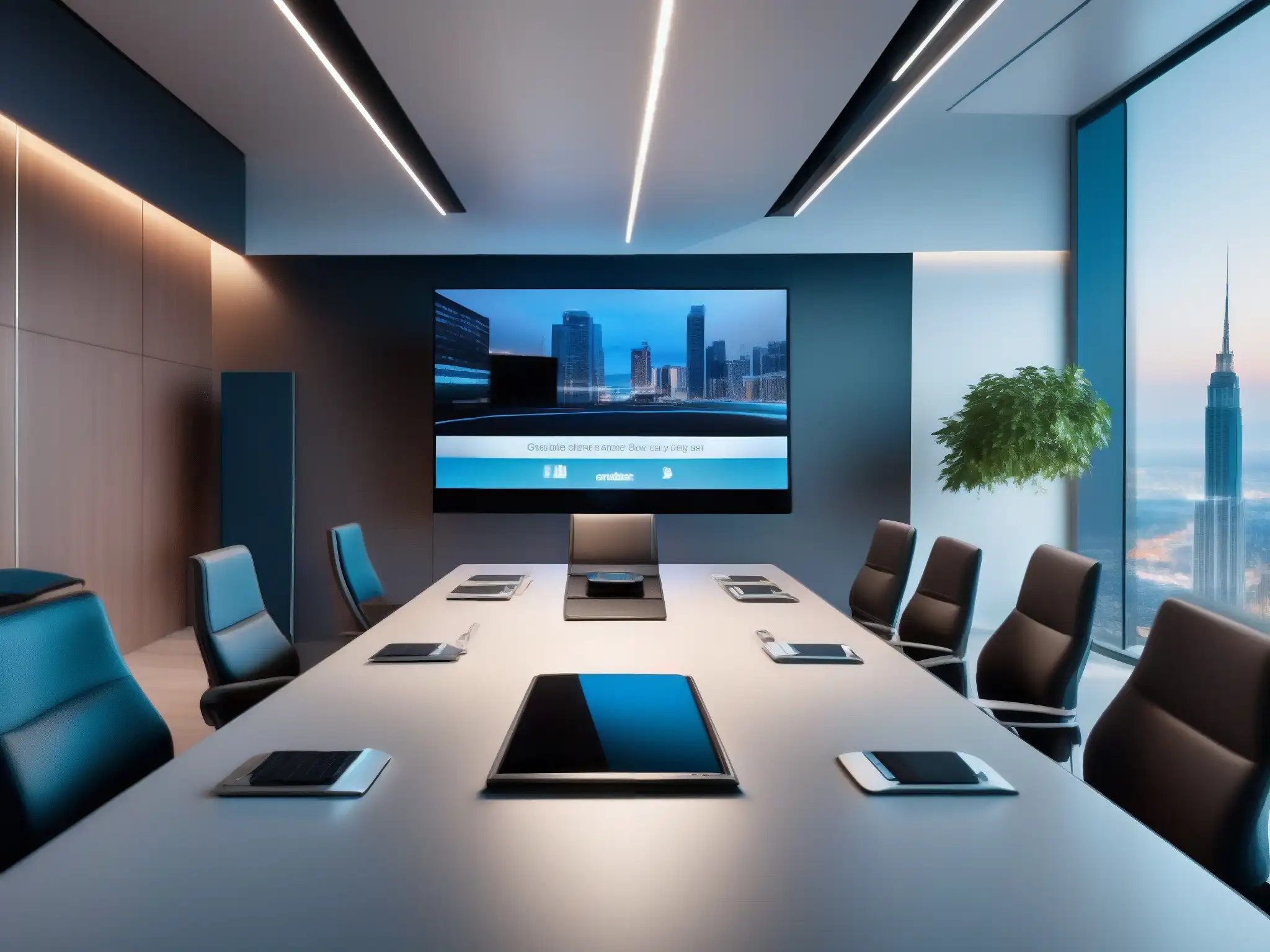 Videoconferencia profesional de alta tecnología en entorno seguro Imagen 8k de una videoconferencia profesional con ciberseguridad en un entorno empresarial seguro y productivo