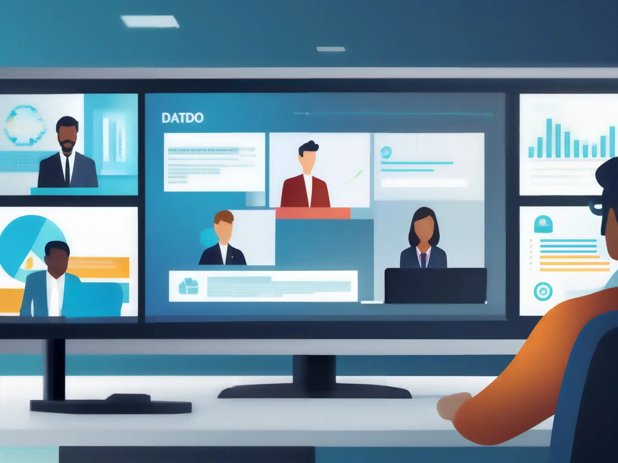Videoconferencia segura y profesional en pantalla Una imagen de una videoconferencia profesional con datos encriptados y seguridad, en un entorno de oficina moderno y profesional