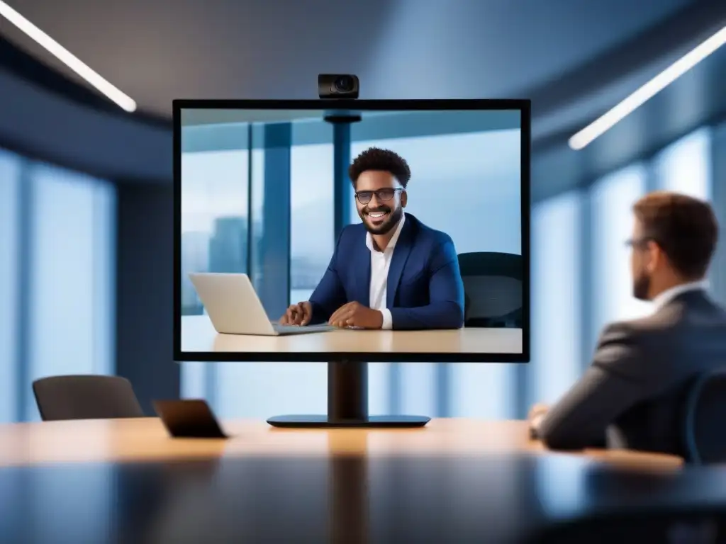 Videoconferencia profesional con reemplazo dinámico de fondo Imagen de videoconferencia profesional con detección de fondo en acción, mostrando un entorno moderno y dinámico