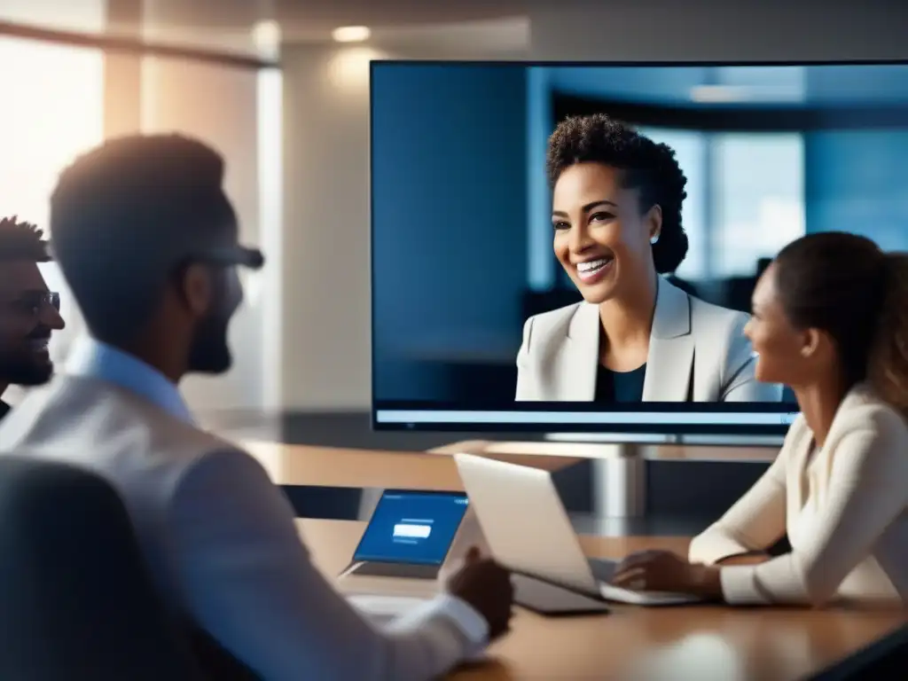 Imagen de alta resolución de videoconferencia profesional con participantes animados en discusión