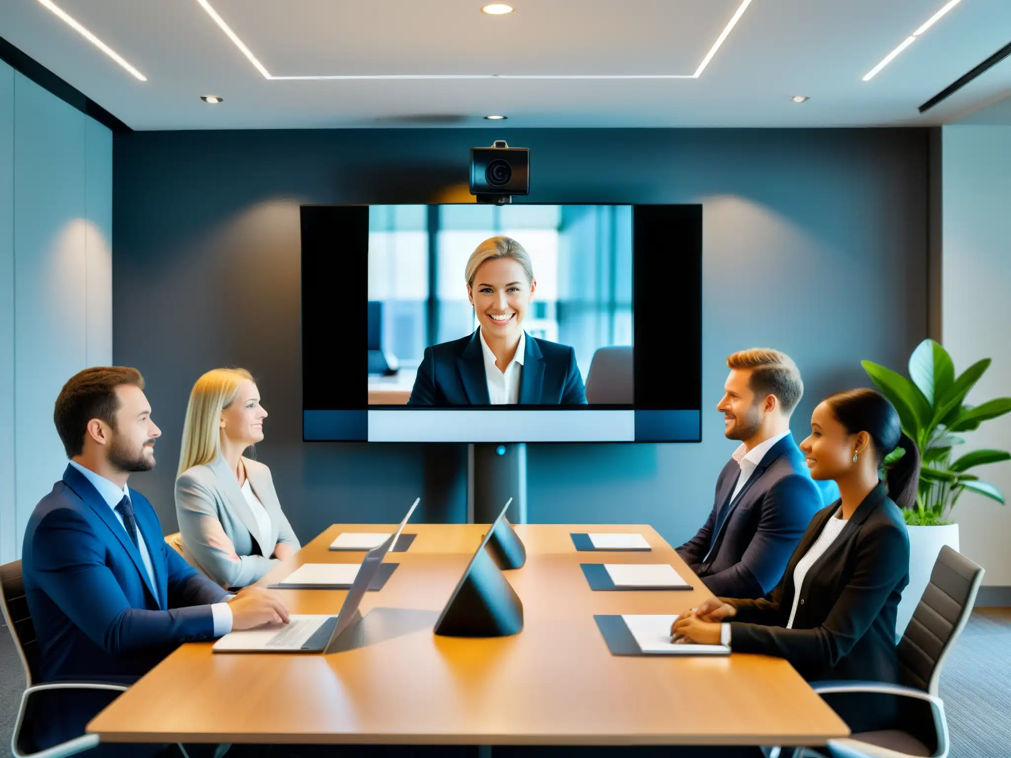 Videoconferencia profesional de alta tecnología en una elegante oficina Imagen de una videoconferencia profesional con tecnología moderna y ambiente sofisticado, transmitiendo seguridad y profesionalismo