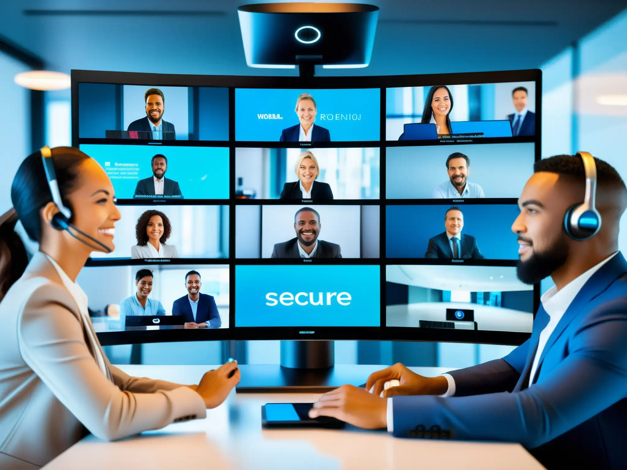 Conferencia segura: encriptación avanzada en acción Una imagen de videoconferencia segura y moderna con tácticas para videoconferencias seguras