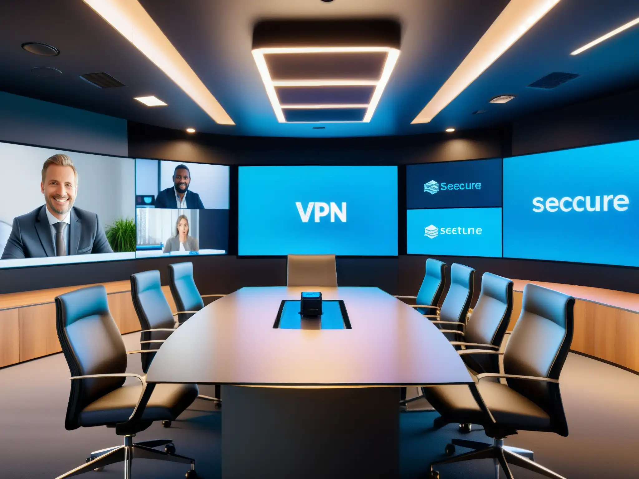 Conferencia de vídeo y VPN seguros en 8k Imagen 8k de videoconferencia segura con VPN, iluminación sofisticada y profesionales